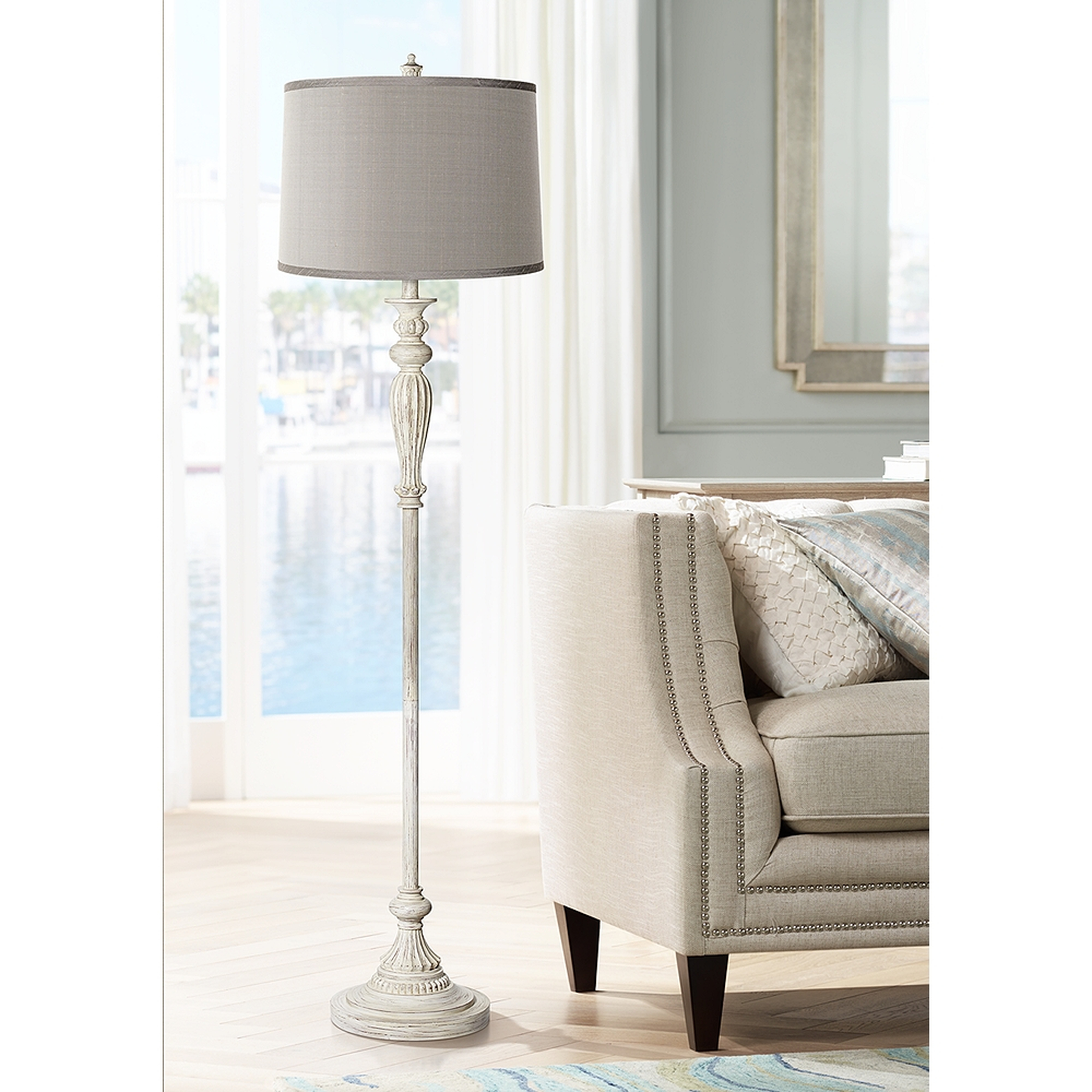 Platinum Gray Shade Vintage Chic Antique White Floor Lamp - Style # 17K23 - Lamps Plus