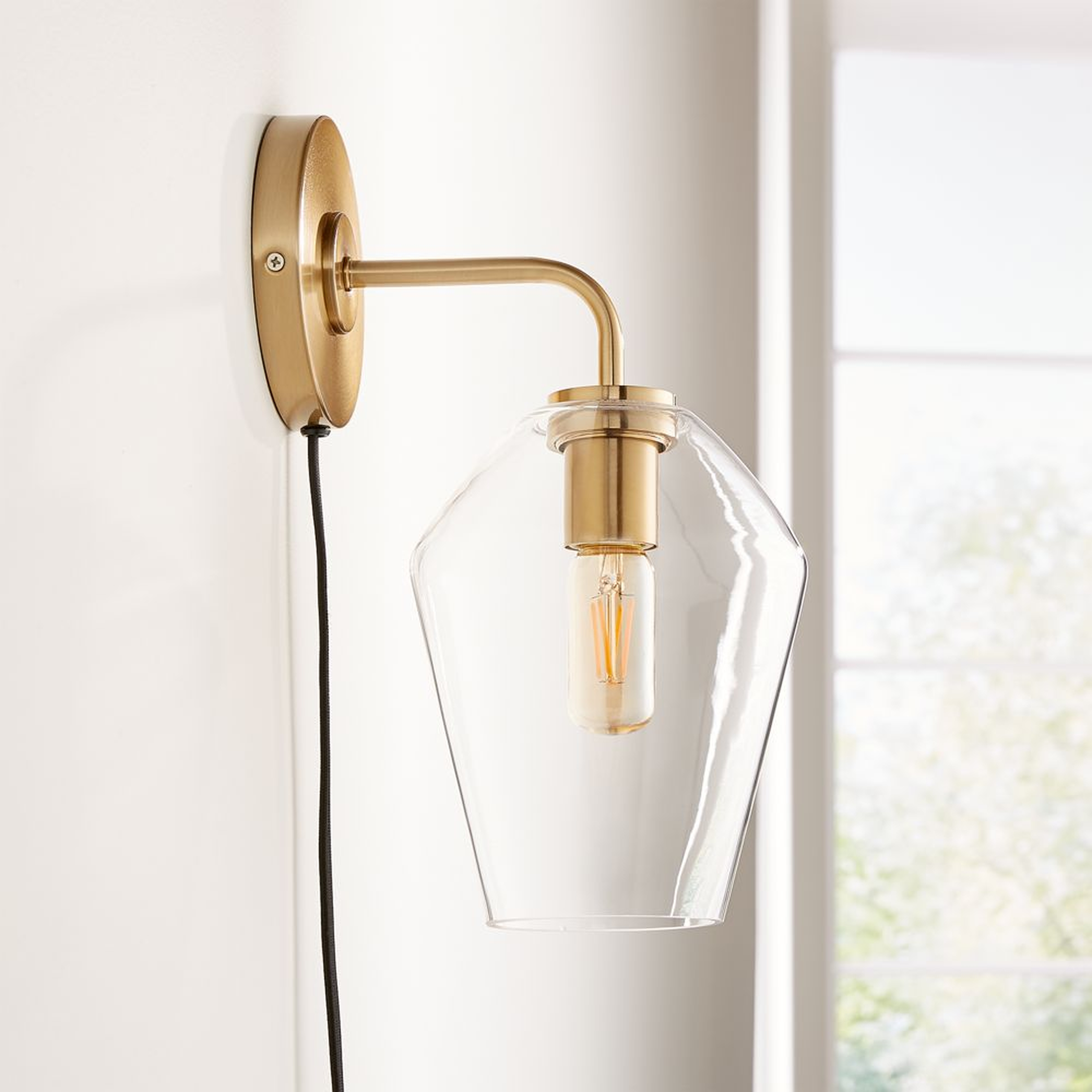 Arren Brass Plug In Wall Sconce Light with Clear Angled Shade - Crate and Barrel