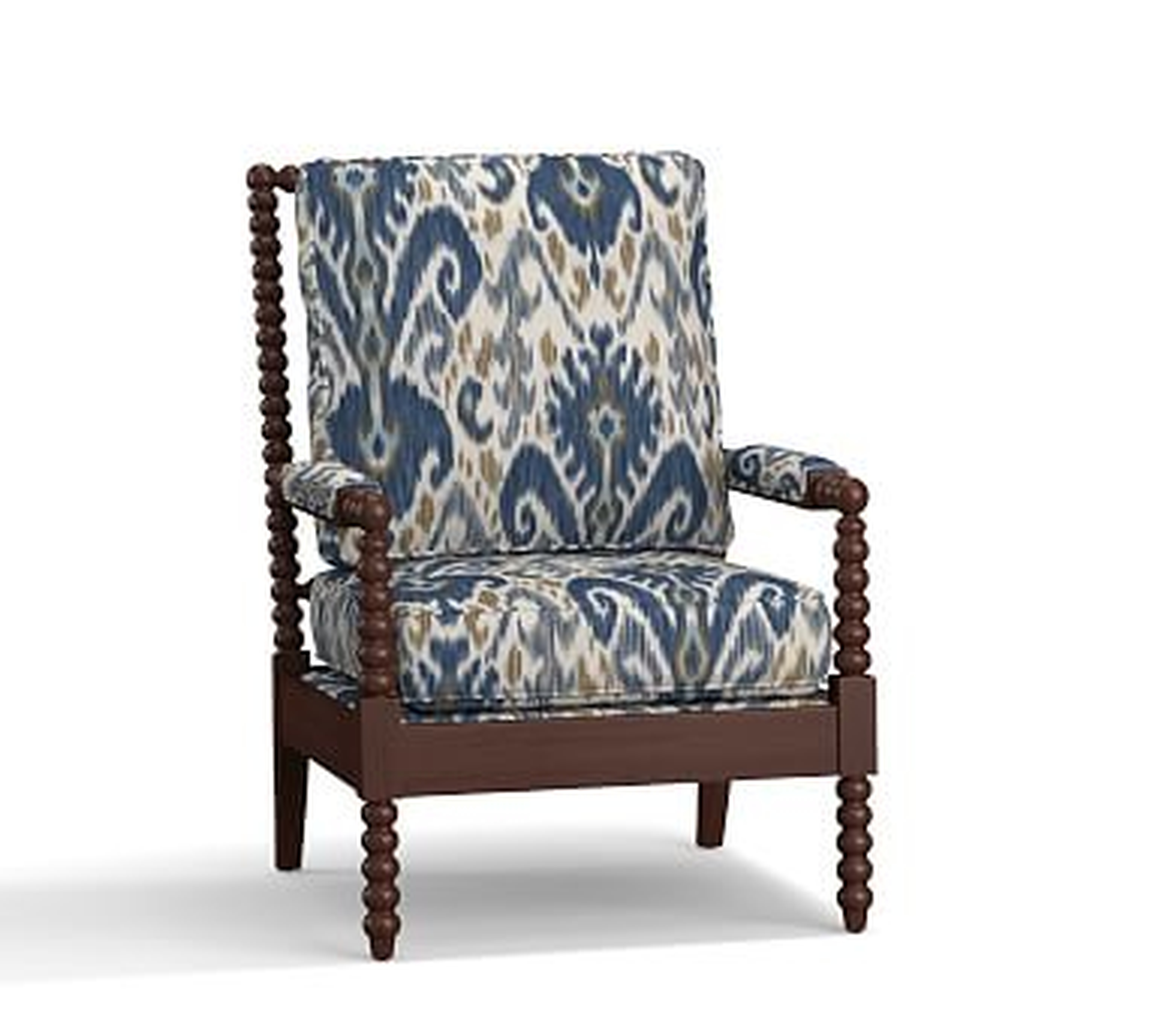 Loralie Upholstered Armchair with Walnut Finish, Polyester Wrapped Cushions, Ikat Geo Blue - Pottery Barn