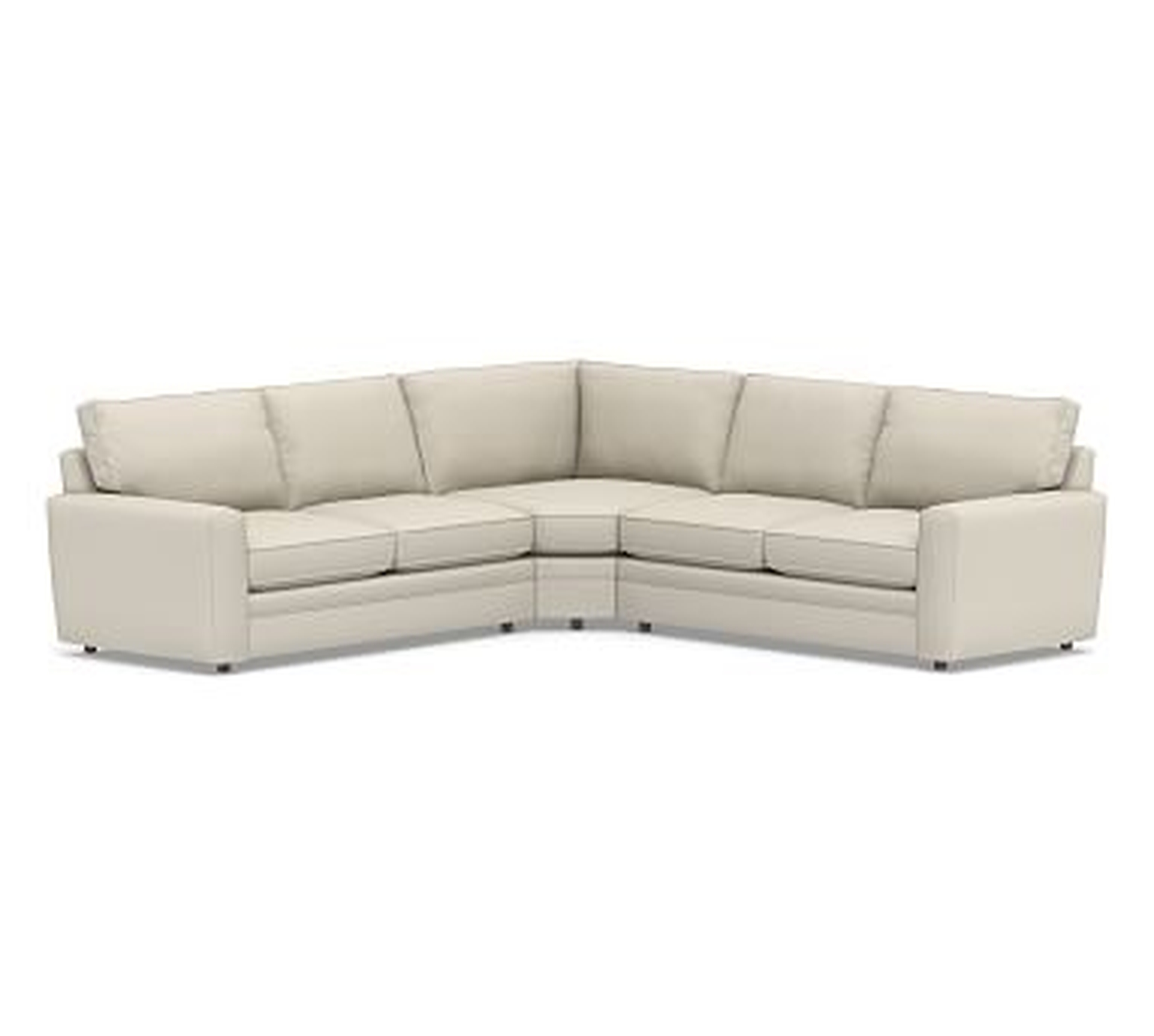 Pearce Square Arm Upholstered 3-Piece L-Shaped Wedge Sectional, Down Blend Wrapped Cushions, Sunbrella(R) Performance Slub Tweed Pebble - Pottery Barn