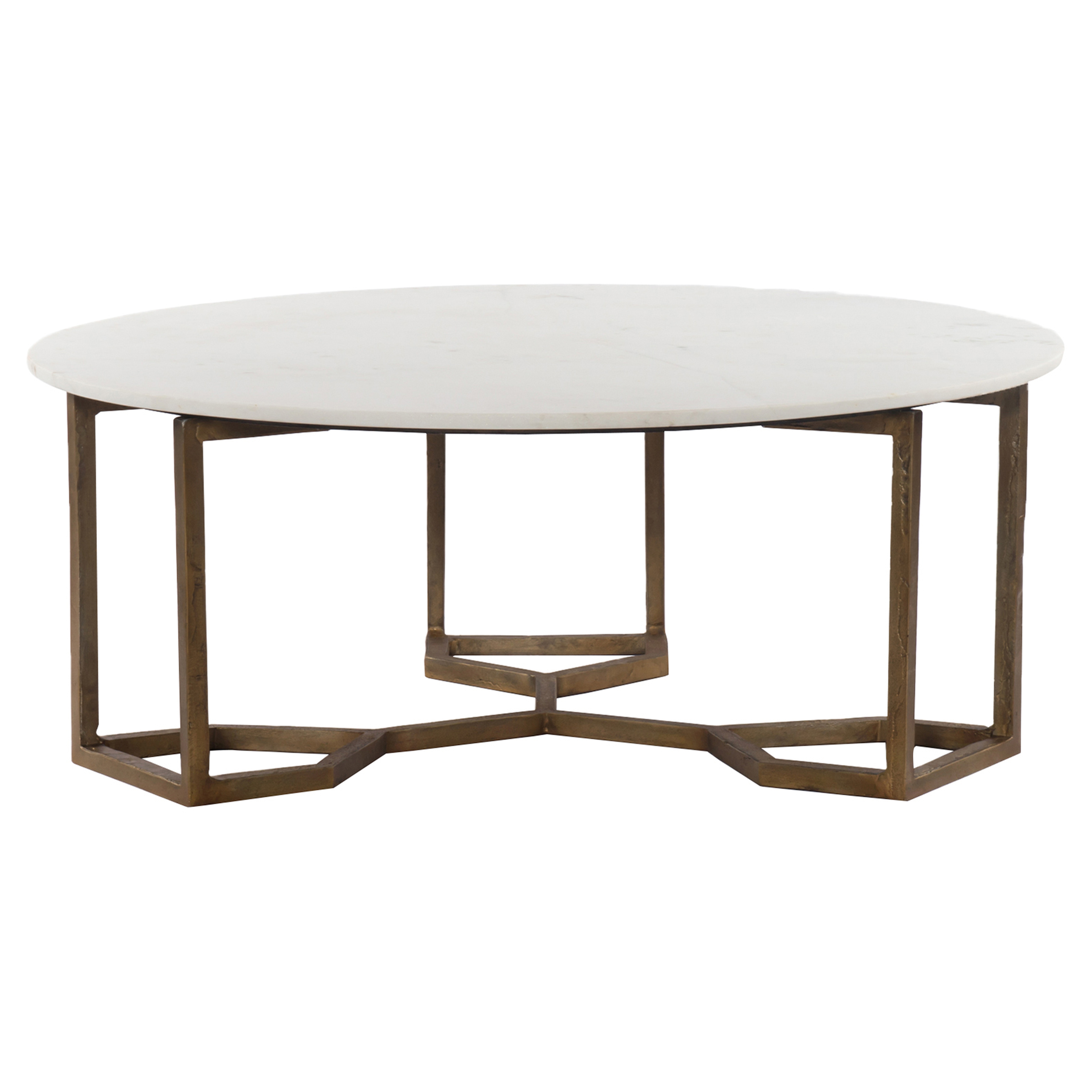 Zia Modern Geometric Gold Frame Round White Marble Top Coffee Table - Kathy Kuo Home