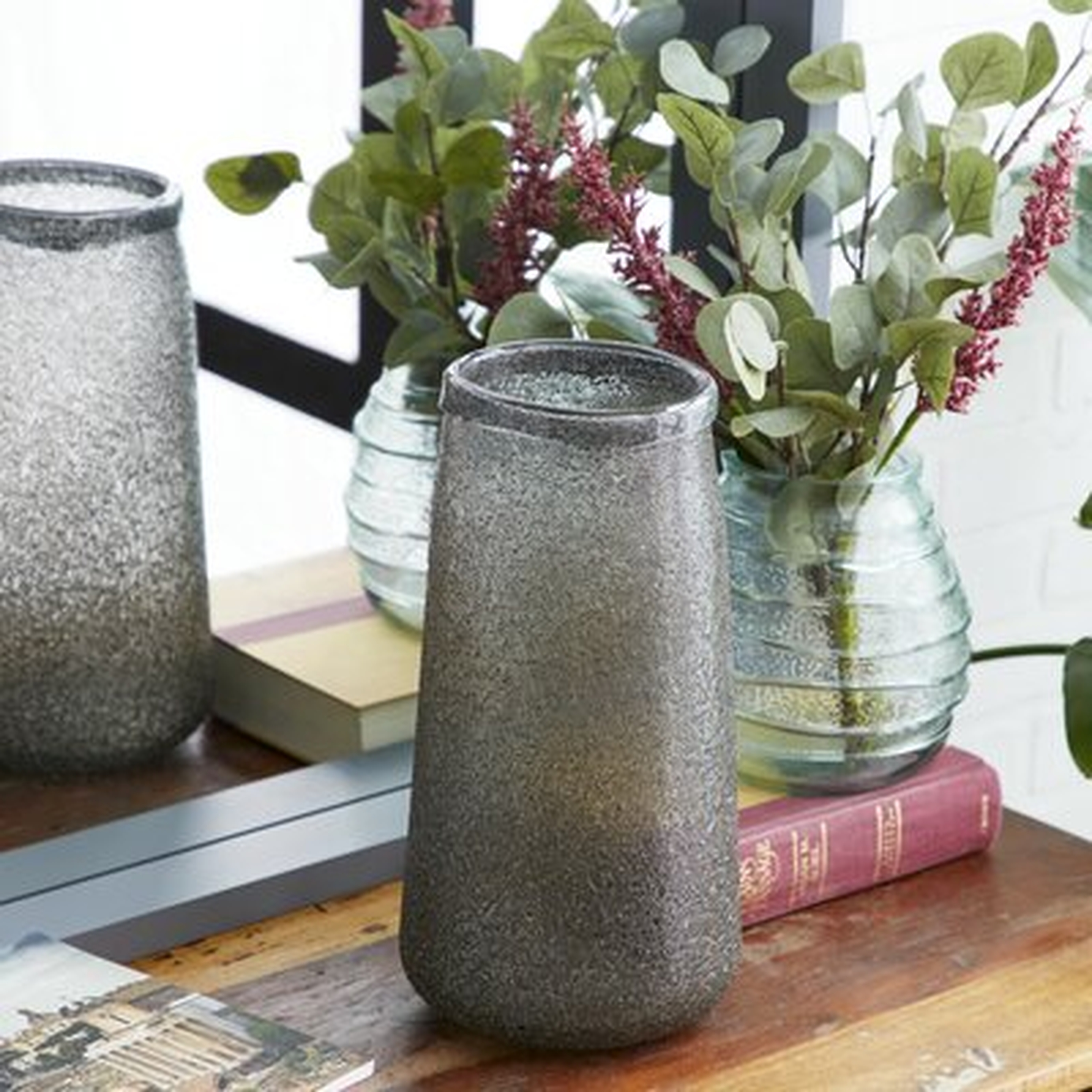 Modern Style Tall, Round Textured Metallic Silver Smoked Glass Vase Table Decor, 7” X 14” - Wayfair