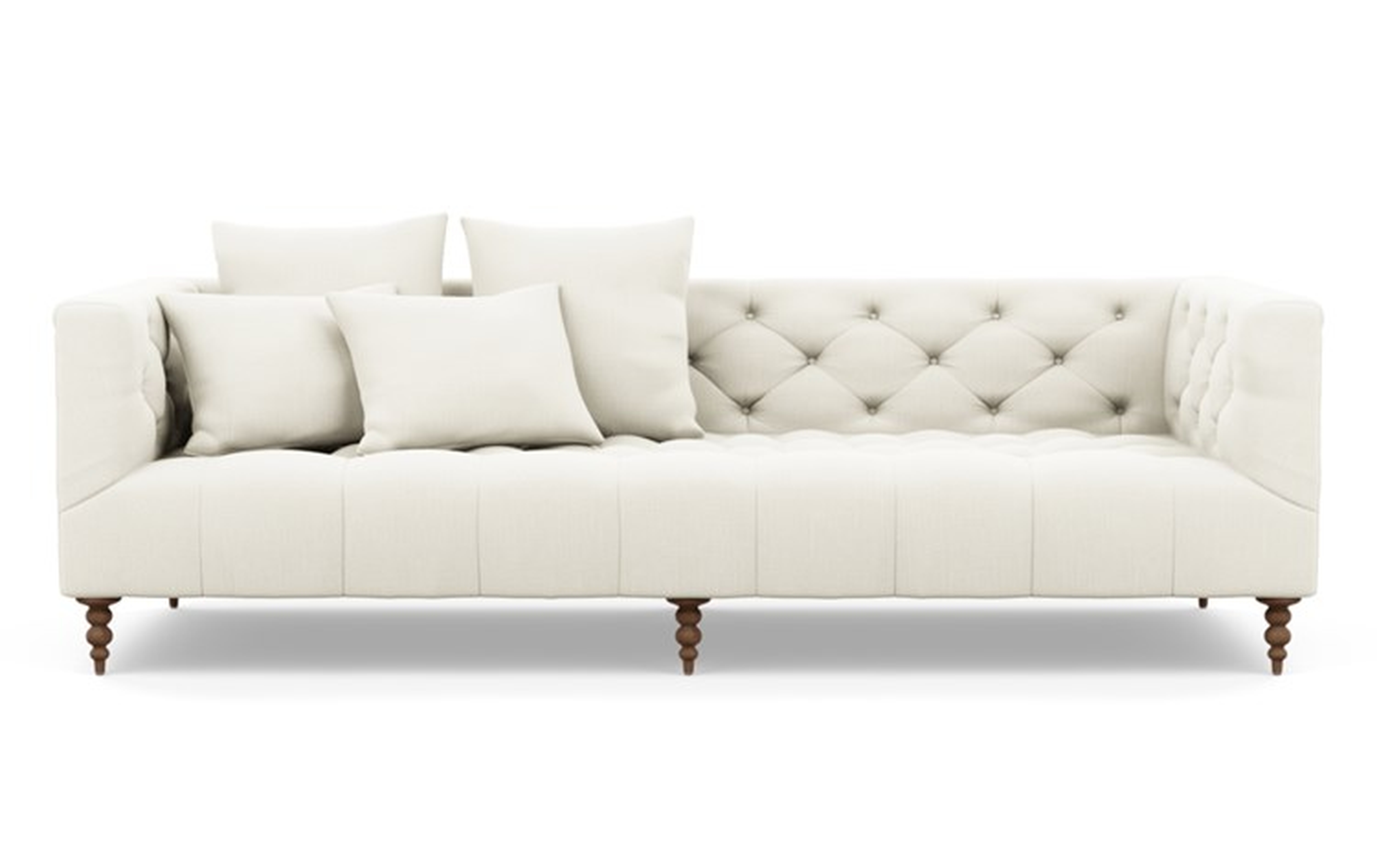 Ms. Chesterfield Sofa with White Ivory Fabric and Oiled Walnut legs - Interior Define