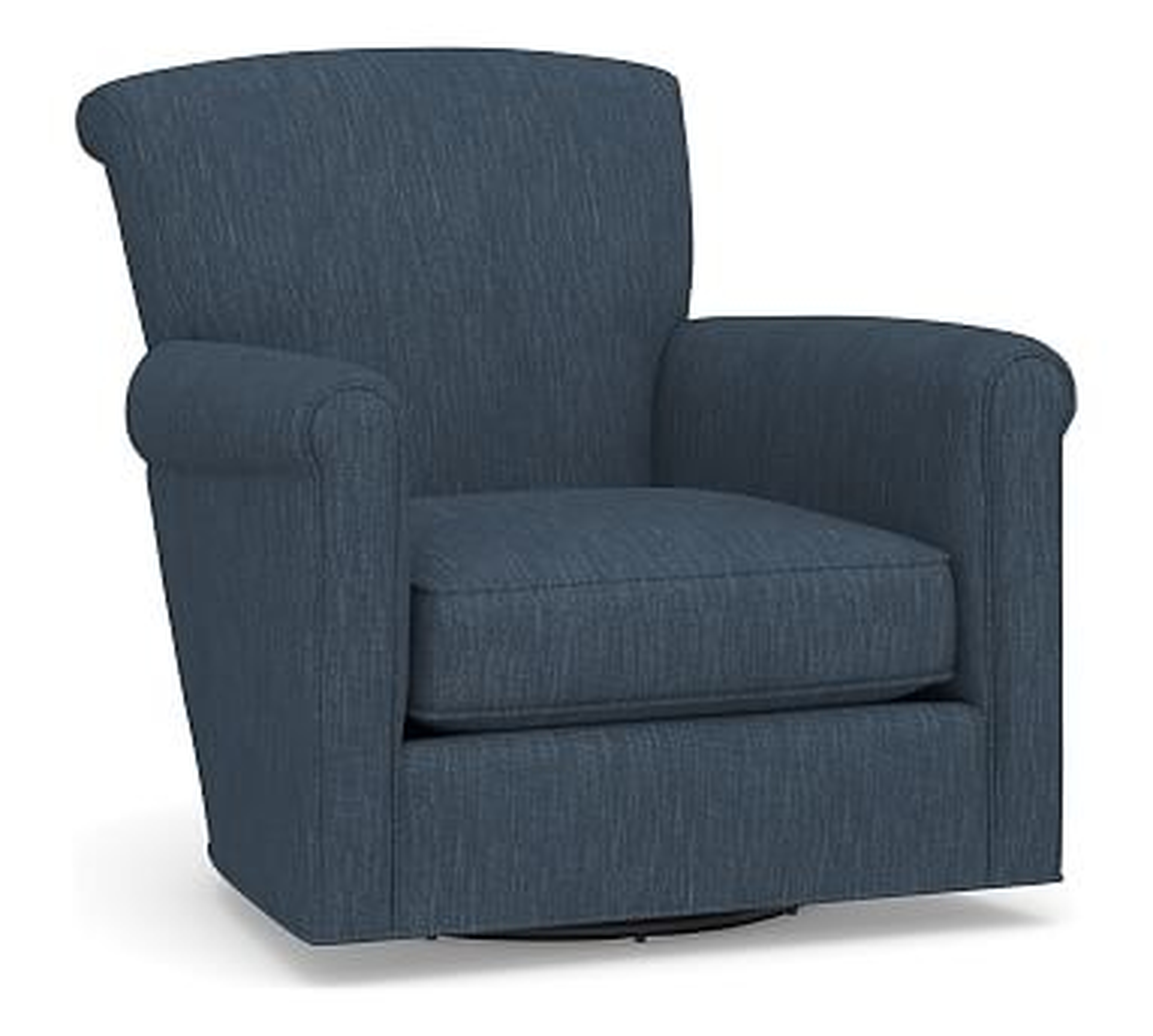 Irving Roll Arm Upholstered Swivel Armchair without Nailheads, Polyester Wrapped Cushions, Performance Heathered Tweed Indigo - Pottery Barn