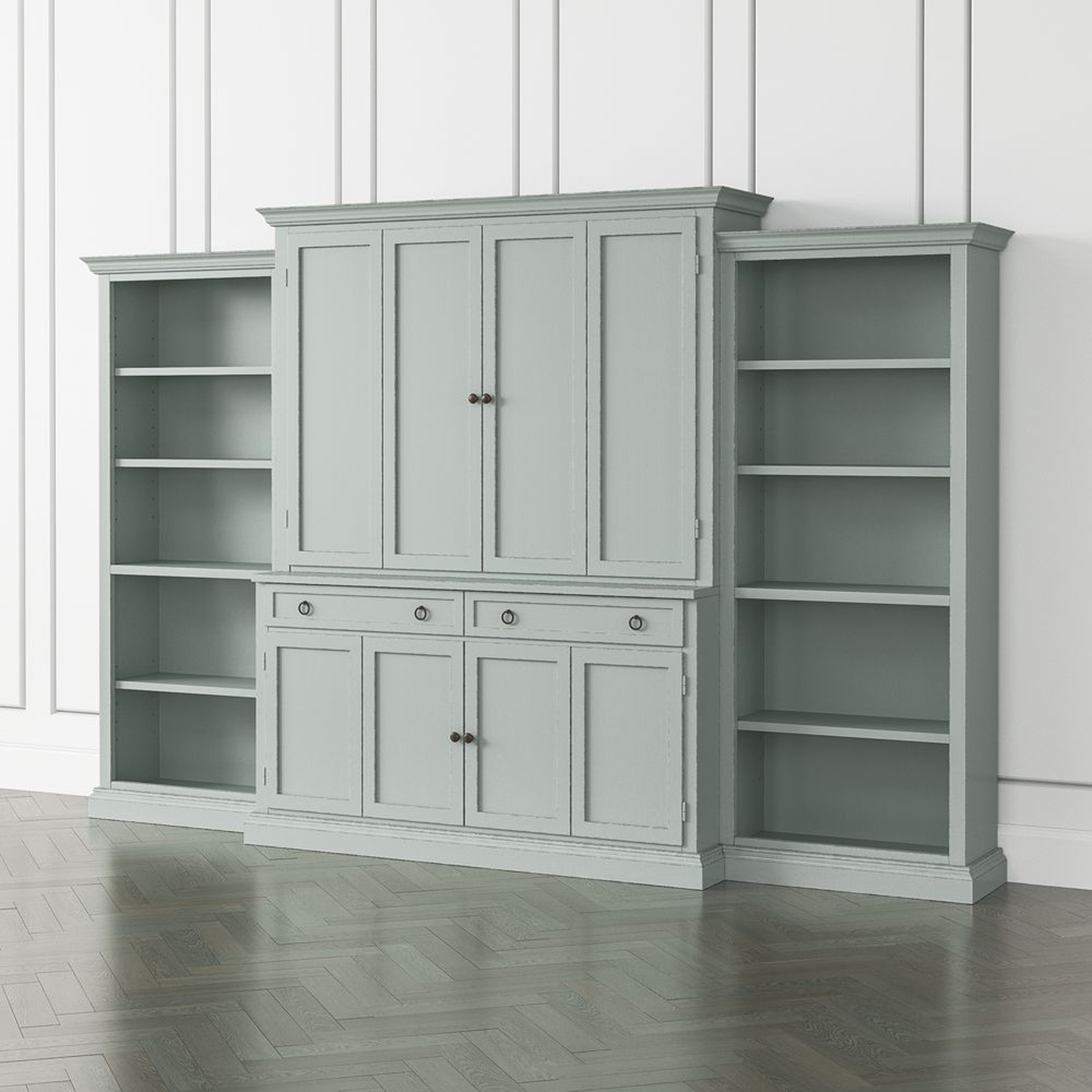 Cameo Blue Grey 4-Piece Entertainment Center with Open Bookcases - MADE TO ORDER - 10-14 WEEKS - Crate and Barrel