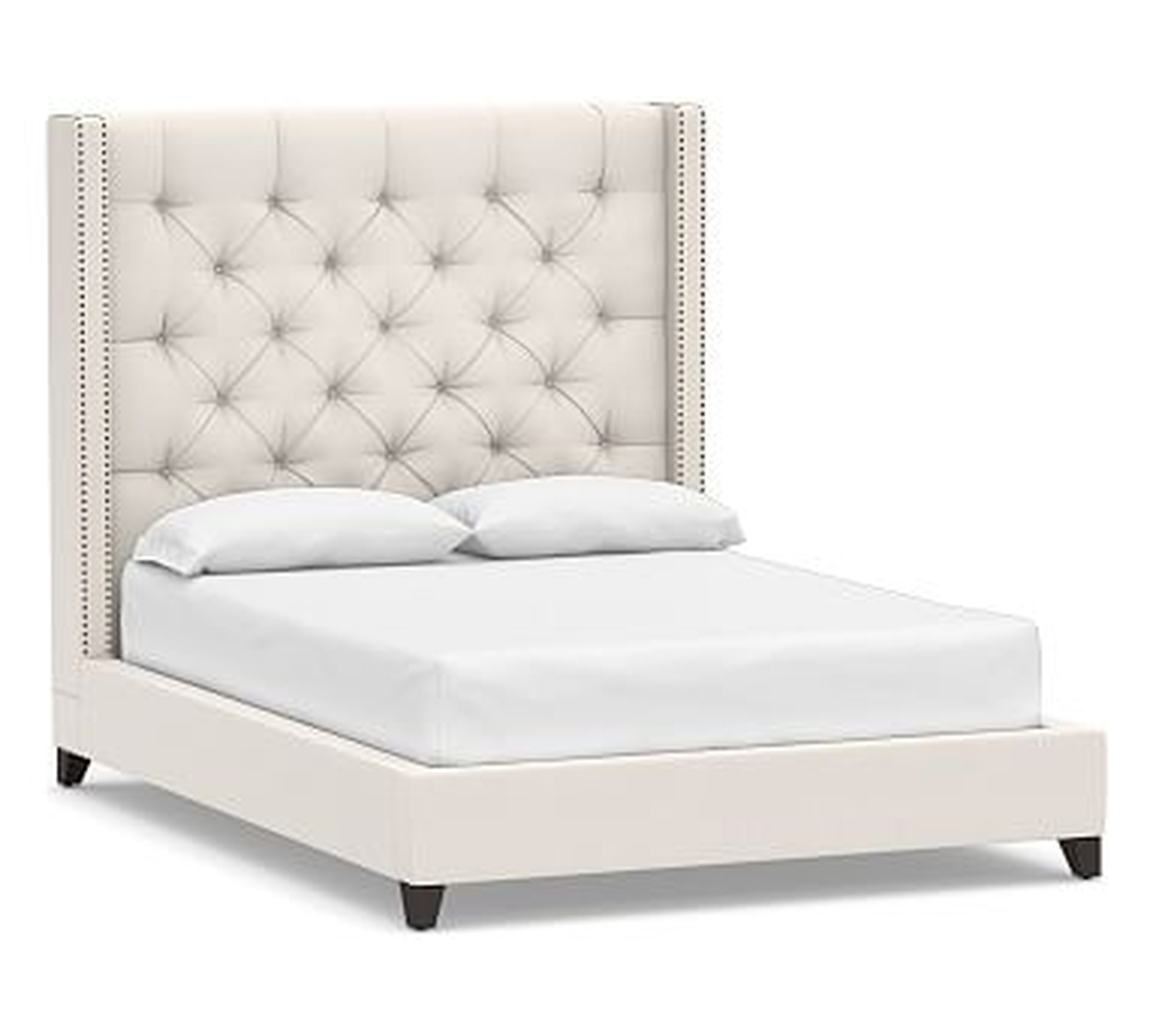 Harper Upholstered Tufted Tall Bed with Bronze Nailheads, King, Sunbrella(R) Performance Chenille Salt - Pottery Barn