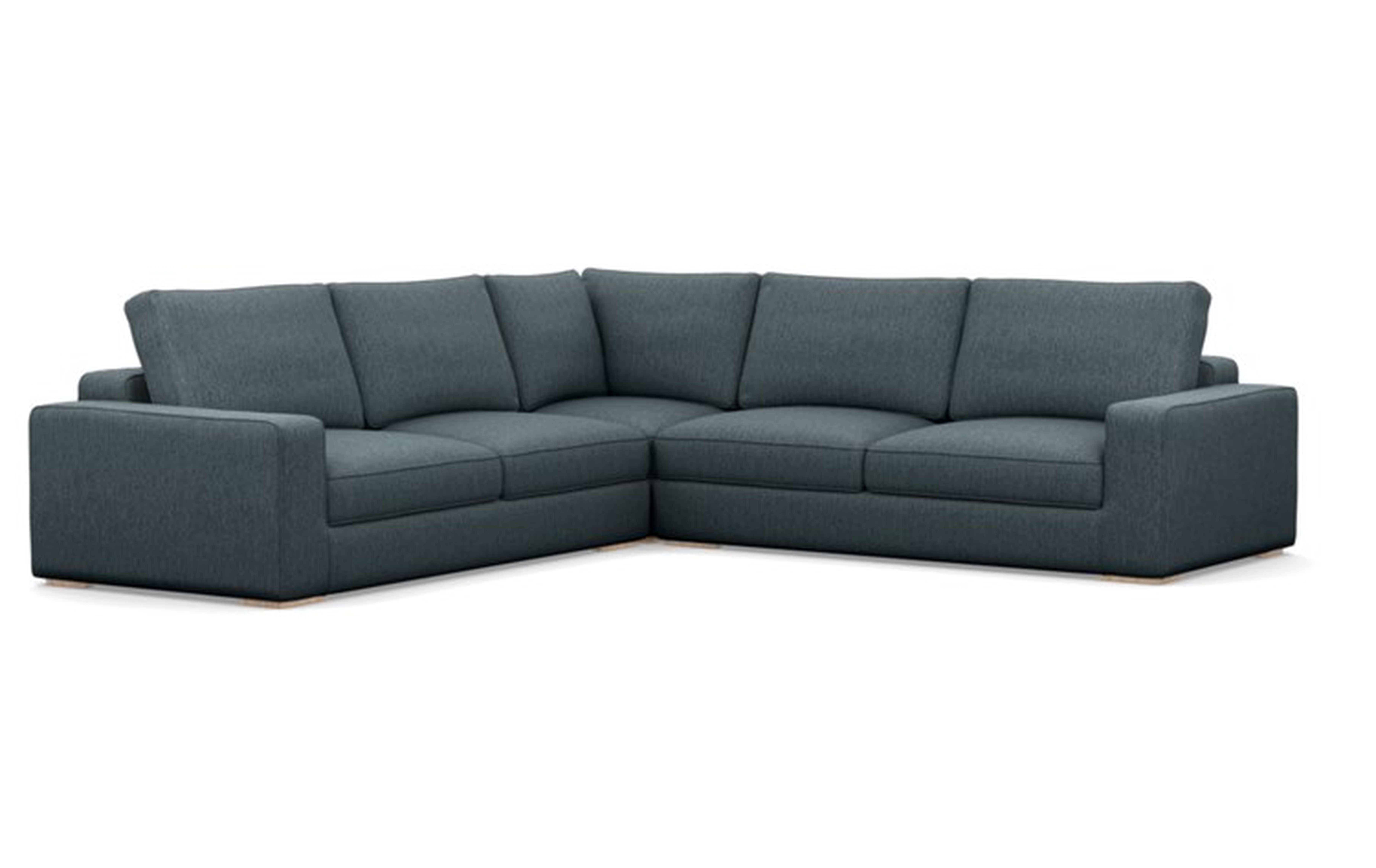 Ainsley Corner Sectional with Blue Rain Fabric, double down cushions, and Natural Oak legs - Interior Define