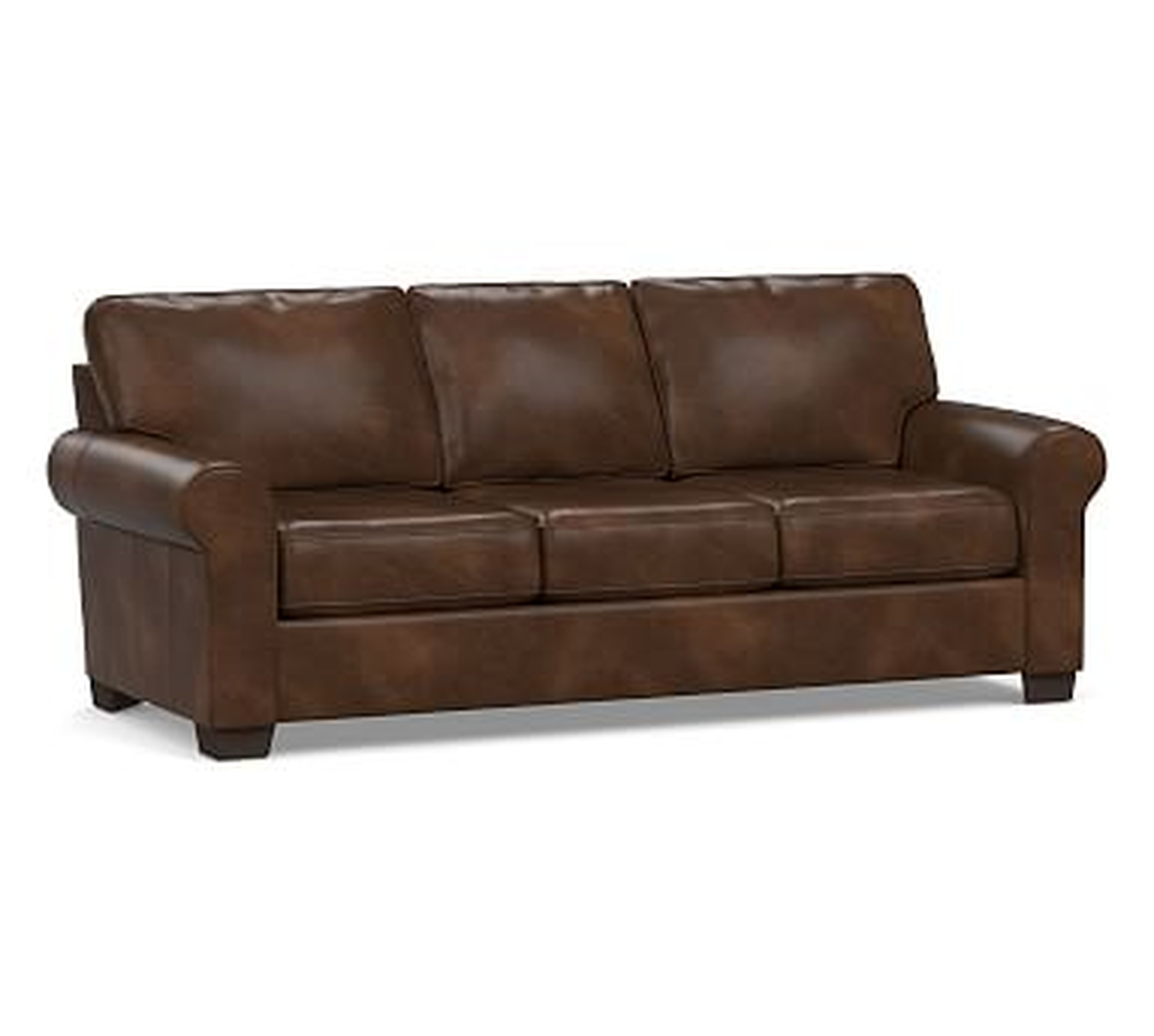 Buchanan Roll Arm Leather Sofa 87", Polyester Wrapped Cushions, Vintage Cocoa - Pottery Barn