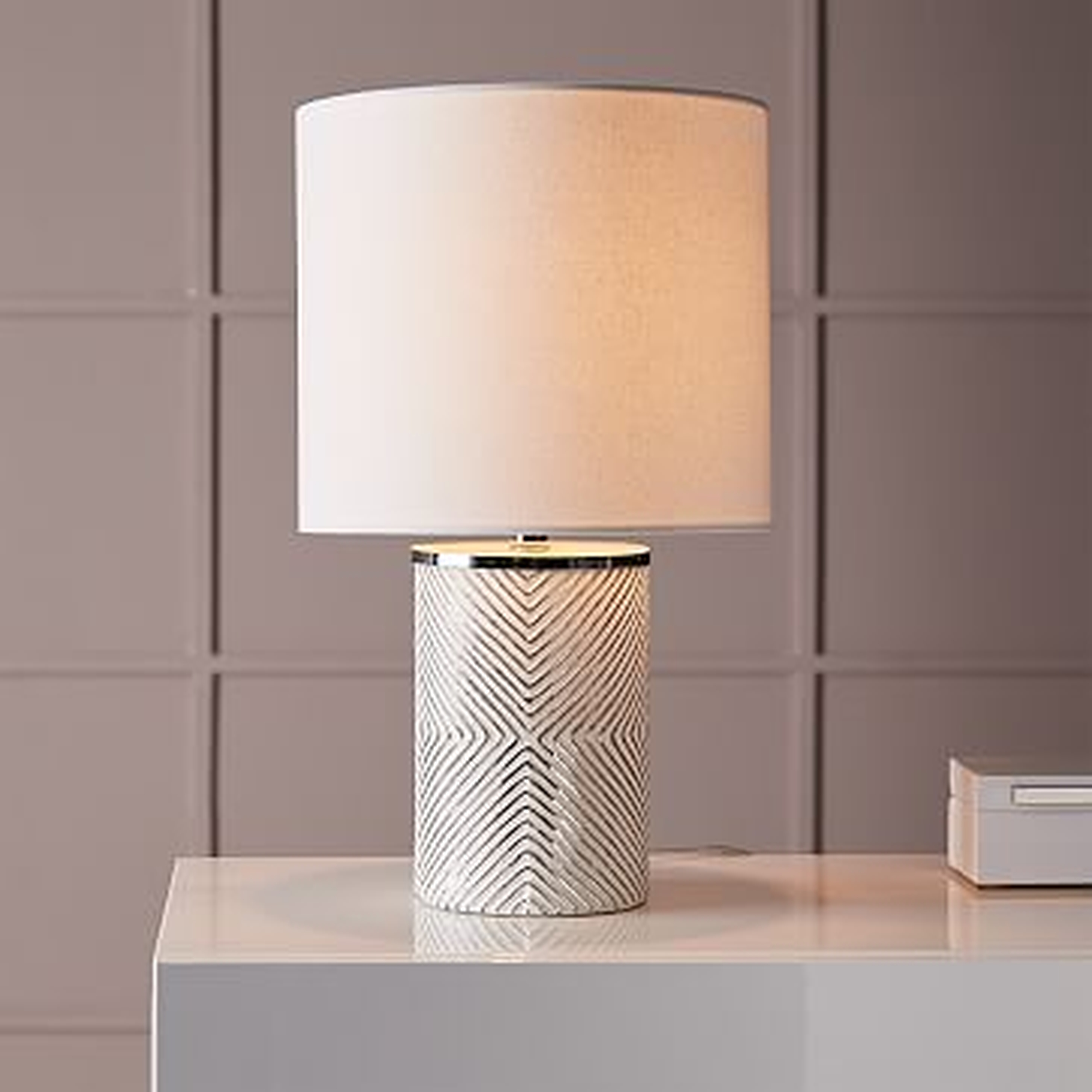 Deco Glass Table Lamp, Short, Silver/White Linen - West Elm