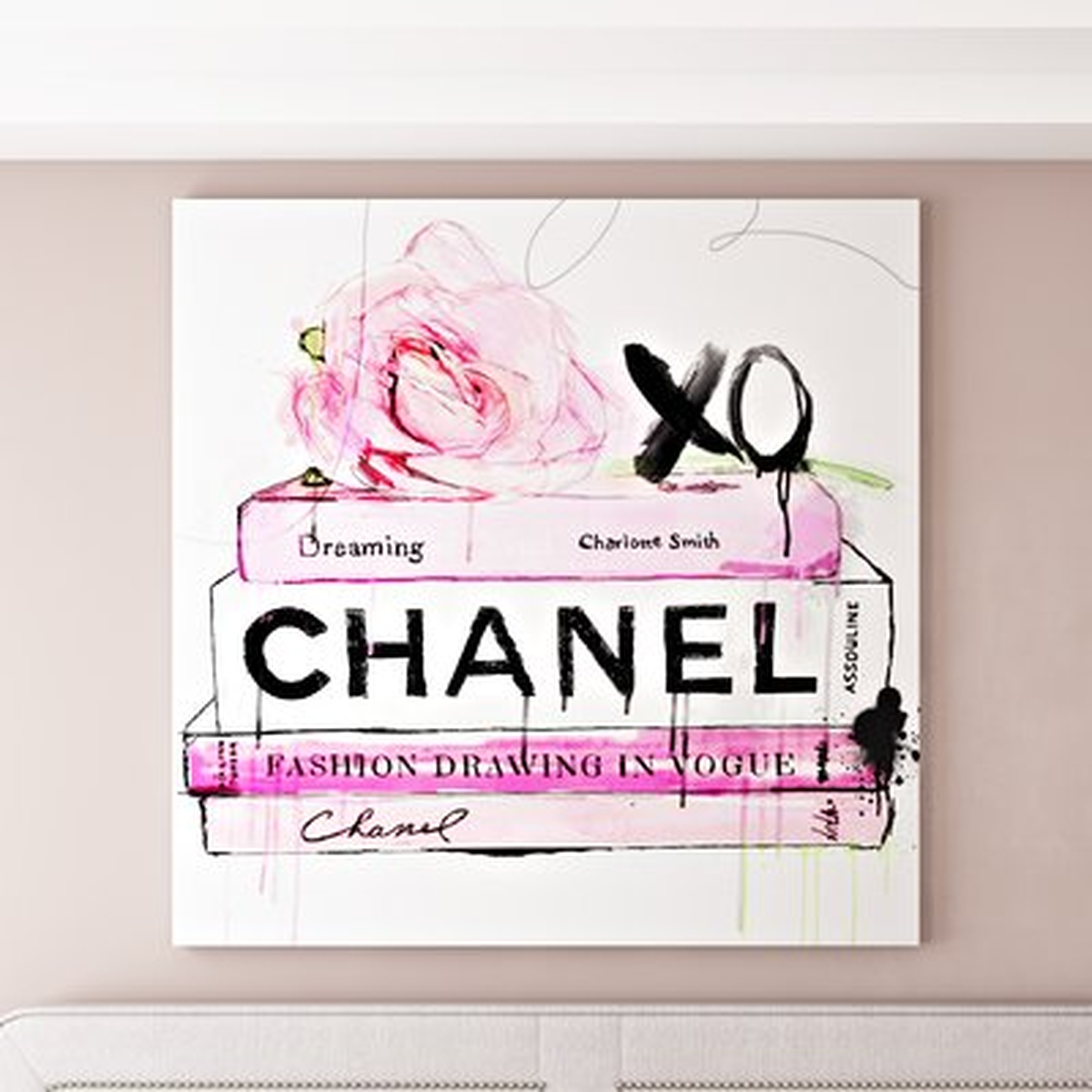'Dripping Roses and Fashion Books' Graphic Art Print on Wrapped Canvas - Wayfair
