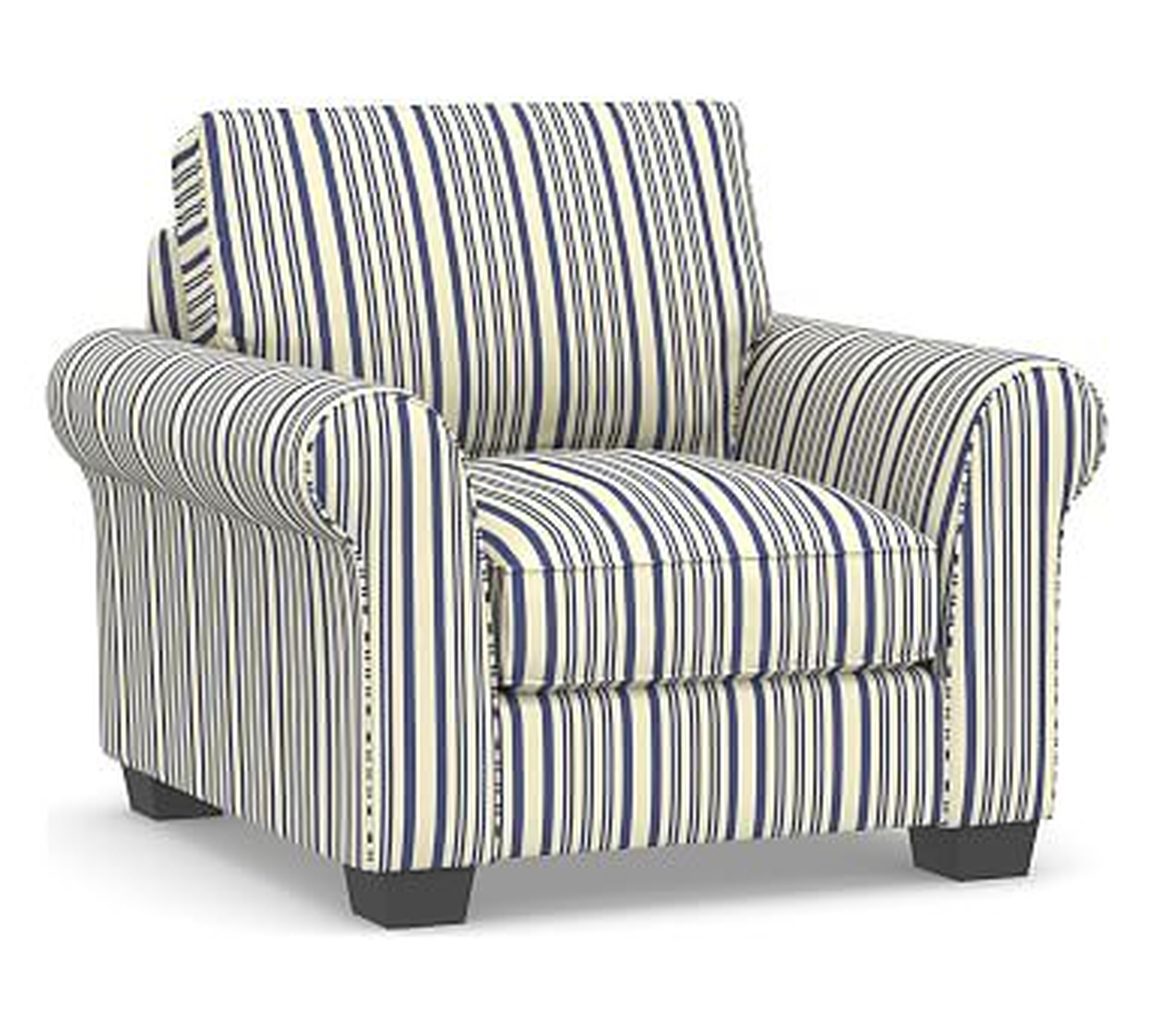 PB Comfort Roll Arm Upholstered Armchair 41.5", Box Edge Memory Foam Cushions, Antique Stripe Blue - Pottery Barn