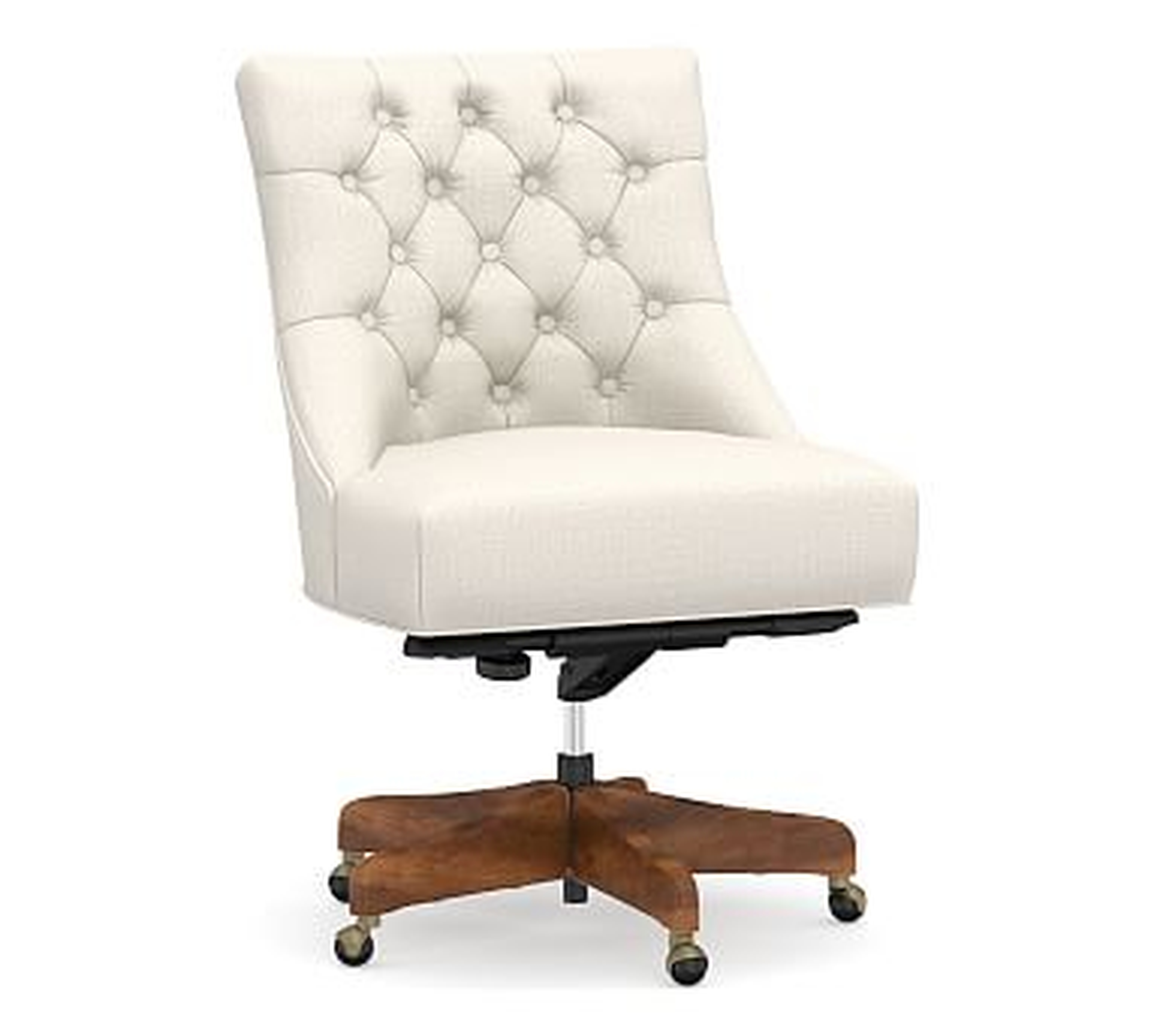 Hayes Upholstered Tufted Swivel Desk Chair, Rustic Brown Base, Performance Heathered Tweed Ivory - Pottery Barn