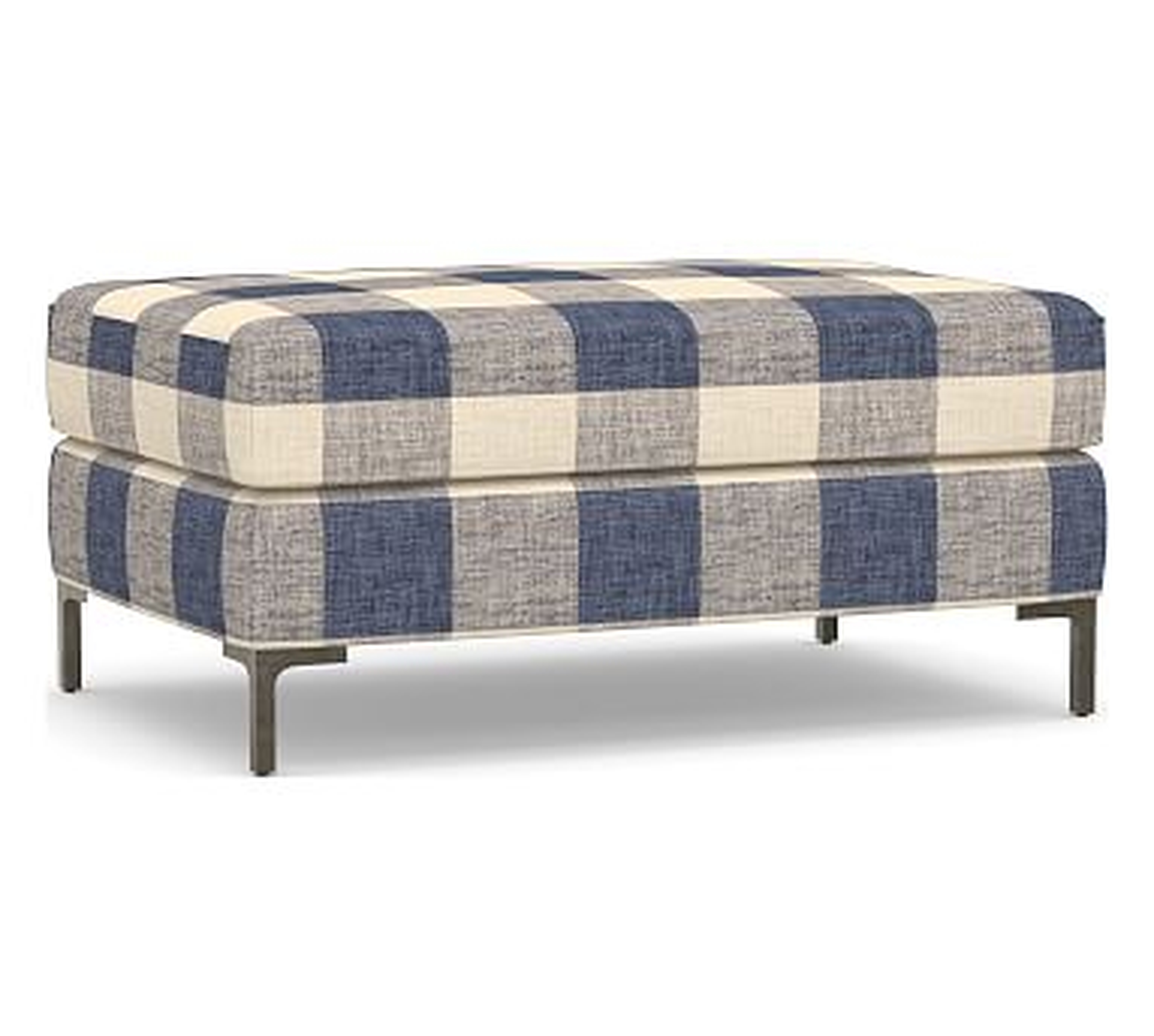Jake Upholstered Ottoman with Bronze Legs, Polyester Wrapped Cushions, Vintage Grainsack Buffalo Blue/Flax - Pottery Barn