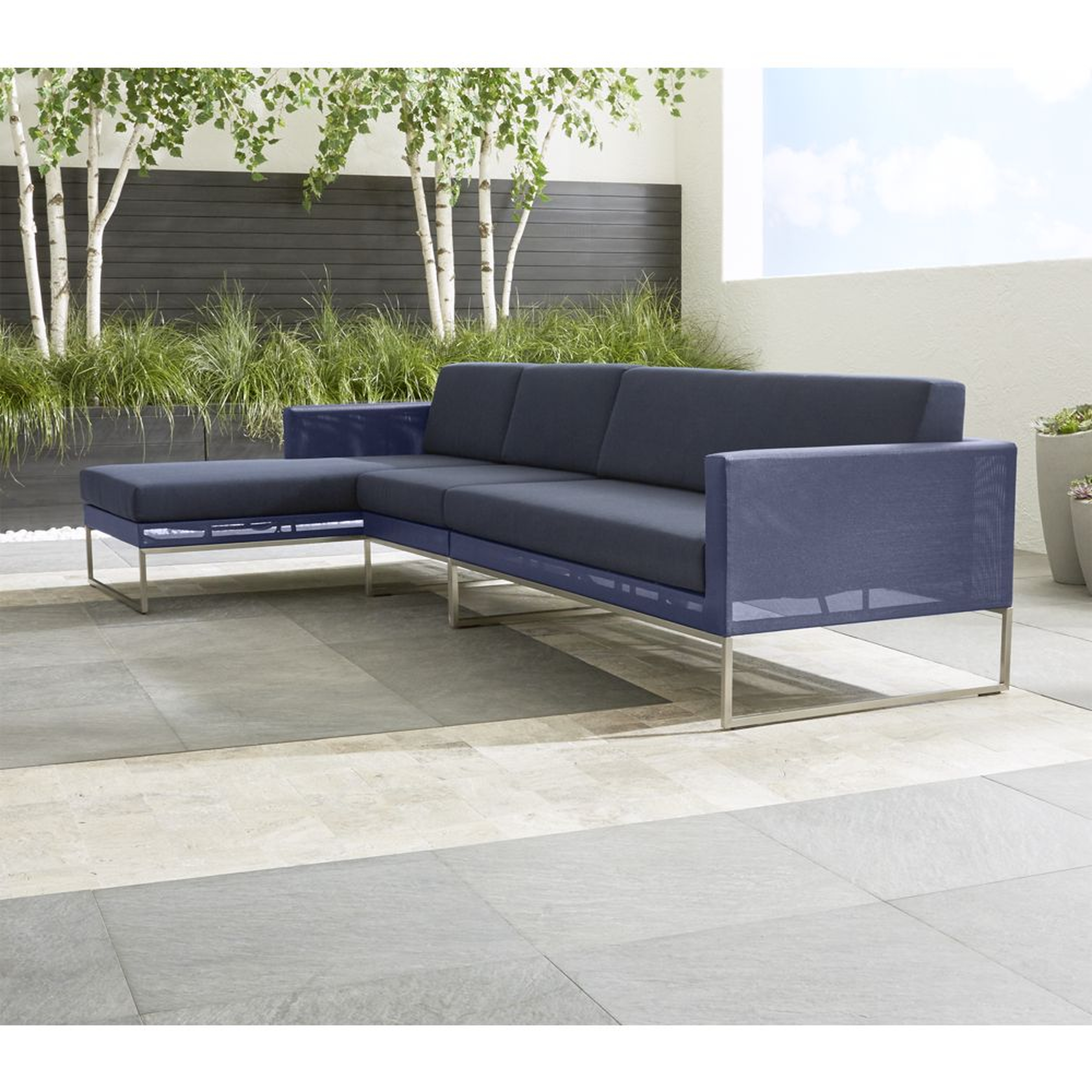 Dune 3-Piece Navy Left-Arm Chaise Outdoor Sectional Sofa with Sunbrella ® Cushions - Crate and Barrel