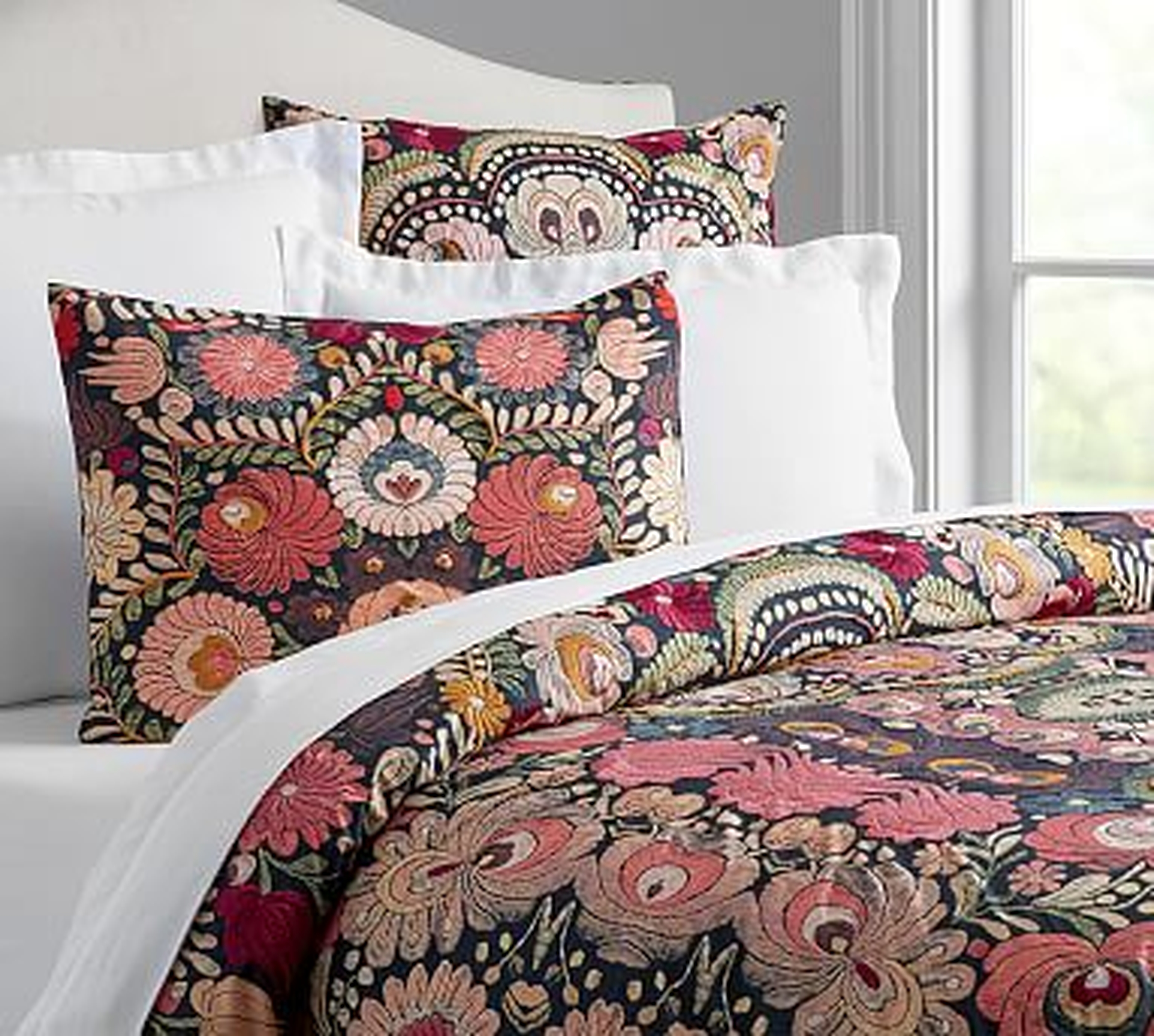 Black Helena Floral Embroidered Percale Duvet Cover, Full/Queen - Pottery Barn