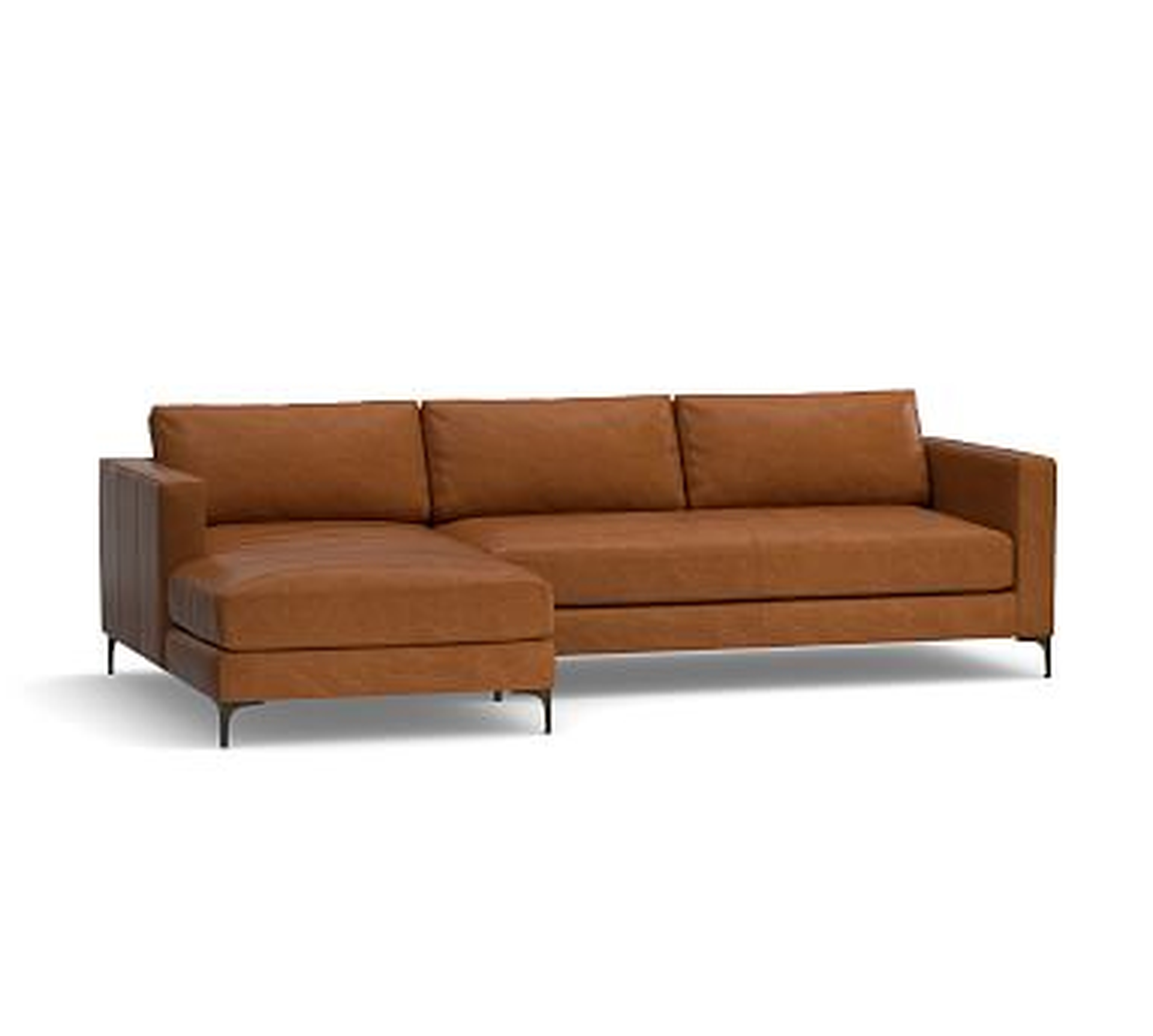 Jake Leather Right Arm Loveseat with Chaise Sectional, Bench Cushion and Bronze Legs, Down Blend Wrapped Cushions, Vintage Caramel - Pottery Barn