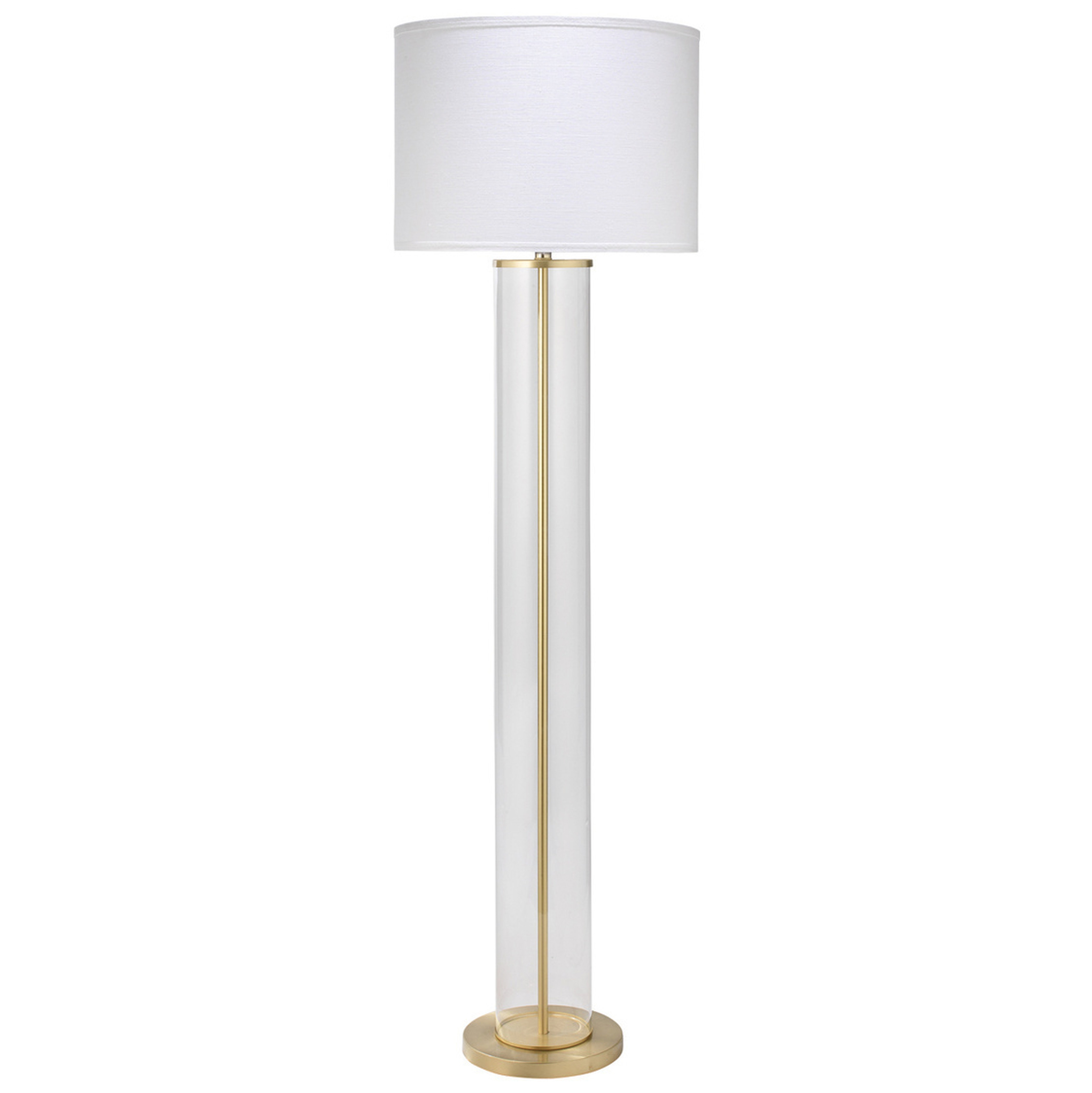 Kali Modern Classic Gold Metal Clear Glass White Linen Shade Floor Lamp - Kathy Kuo Home