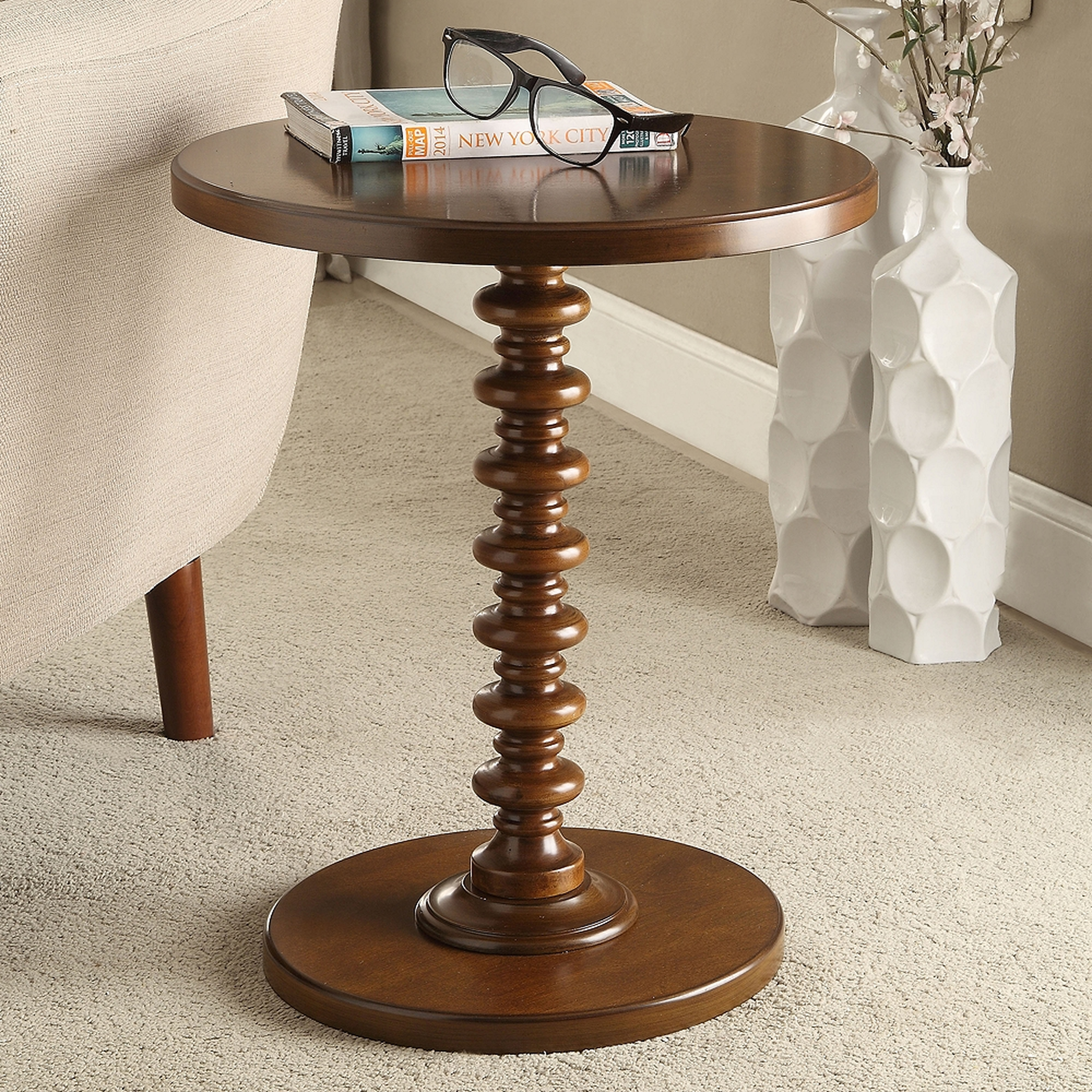 Acton 17" Wide Walnut Round Pedestal Wood Side Table - Style # 73C97 - Lamps Plus