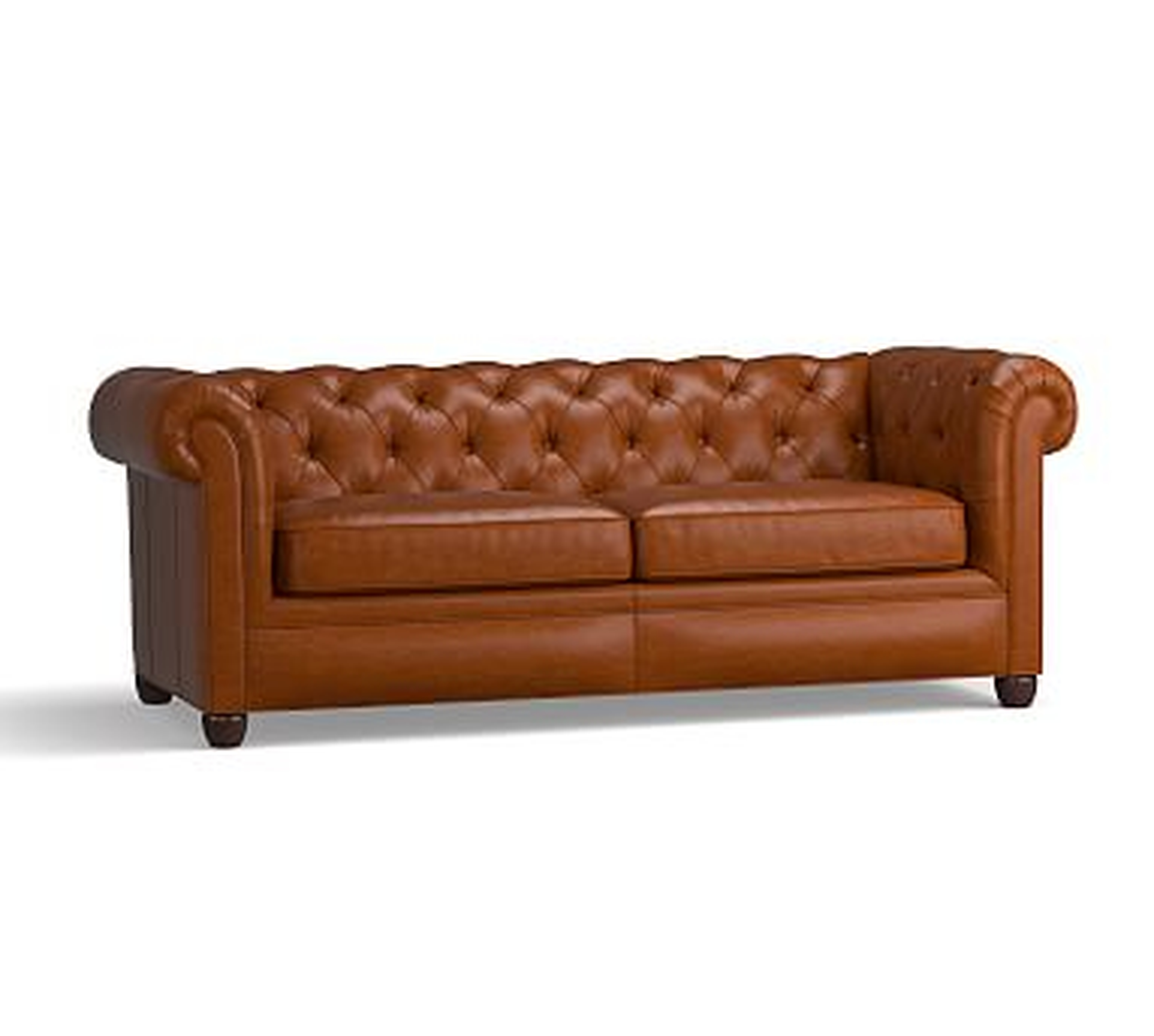Chesterfield Roll Arm Leather Sofa 86", Polyester Wrapped Cushions, Leather Legacy Dark Caramel - Pottery Barn