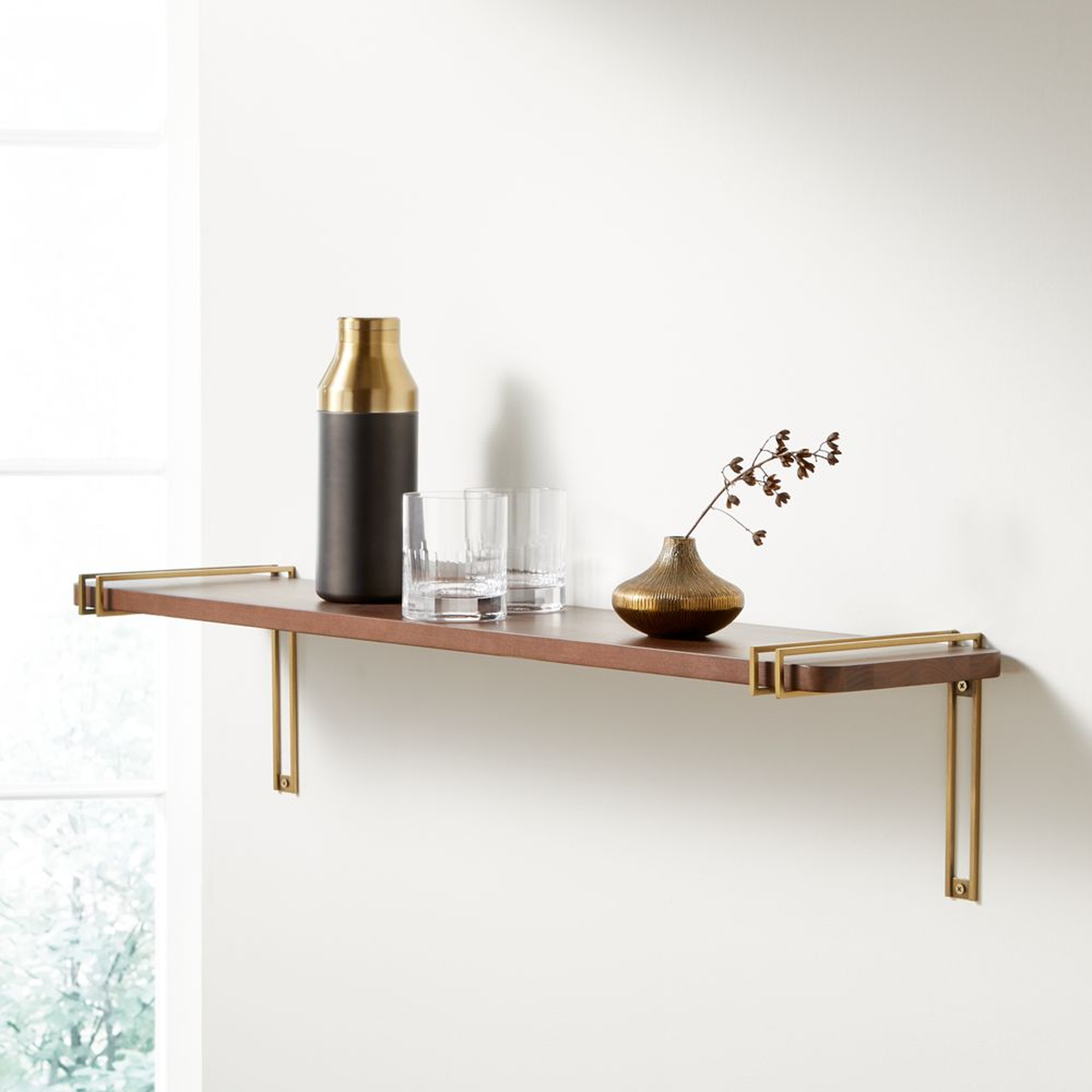 Riggs 36" Walnut Shelf with Brass Duo Band Brackets - Crate and Barrel
