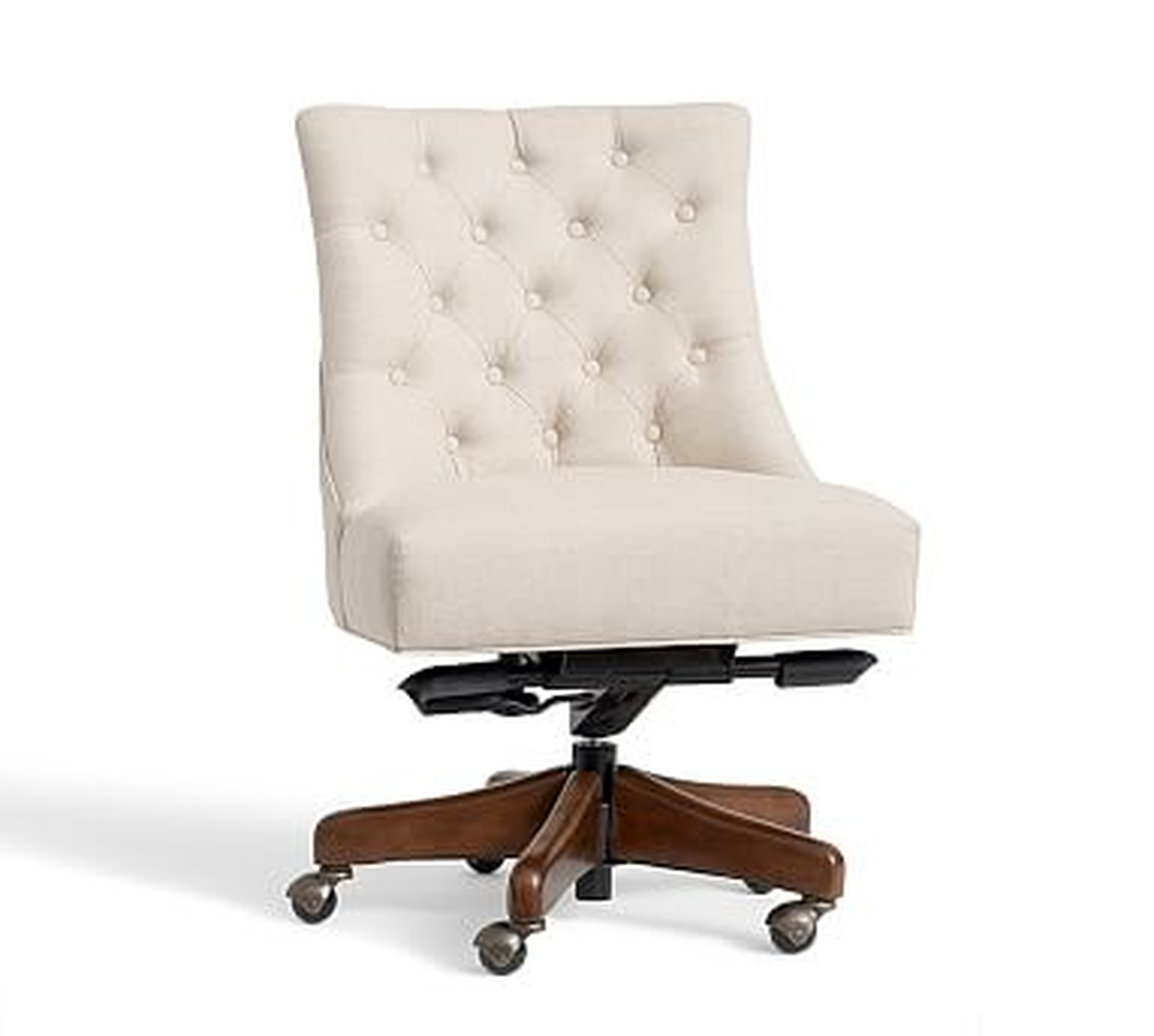 Hayes Upholstered Tufted Swivel Desk Chair with Mahogany Frame, Performance Everydayvelvet(TM) Carbon - Pottery Barn