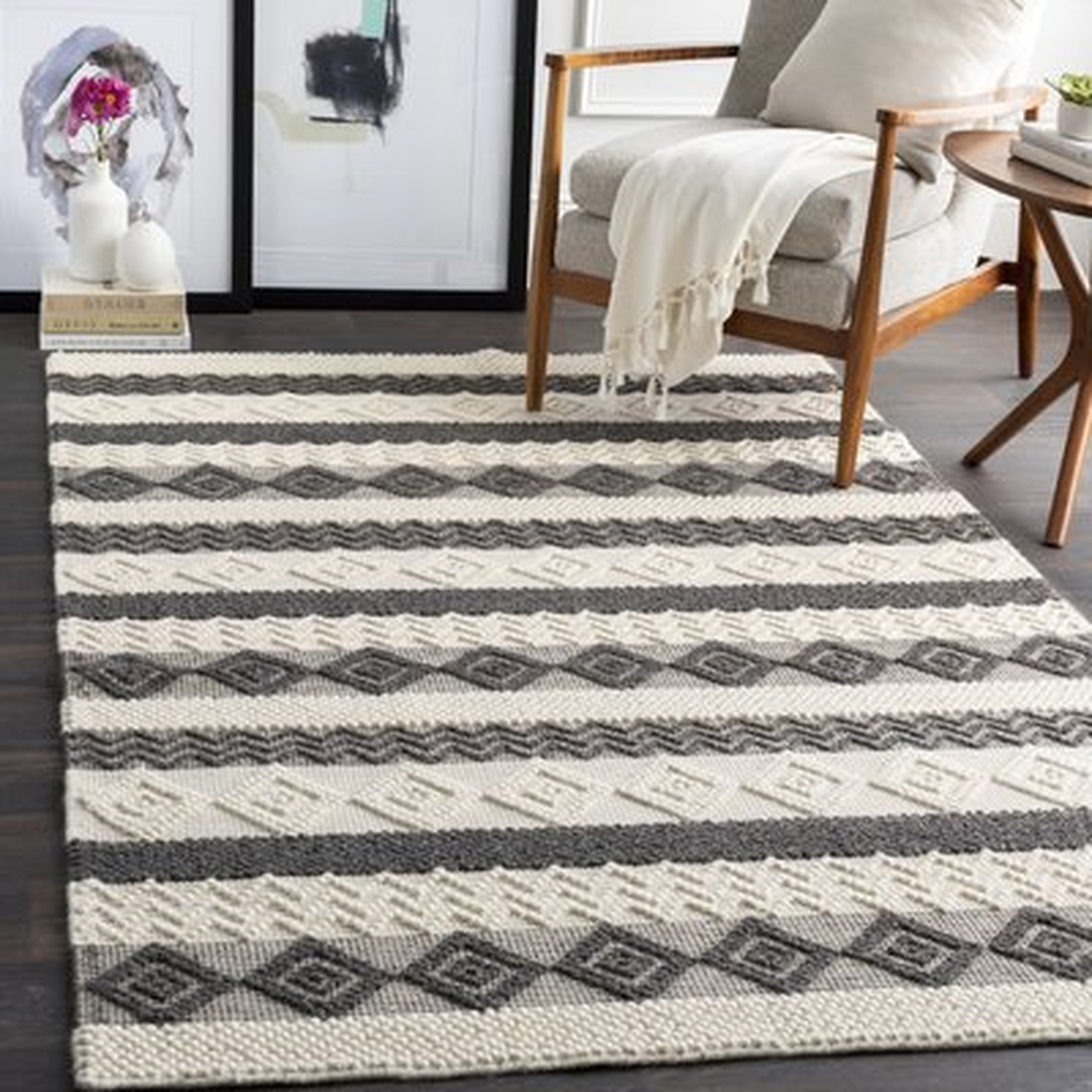 Clancy Global-Inspired Hand-Knotted Wool/Cotton Beige/Charcoal Area Rug - Wayfair