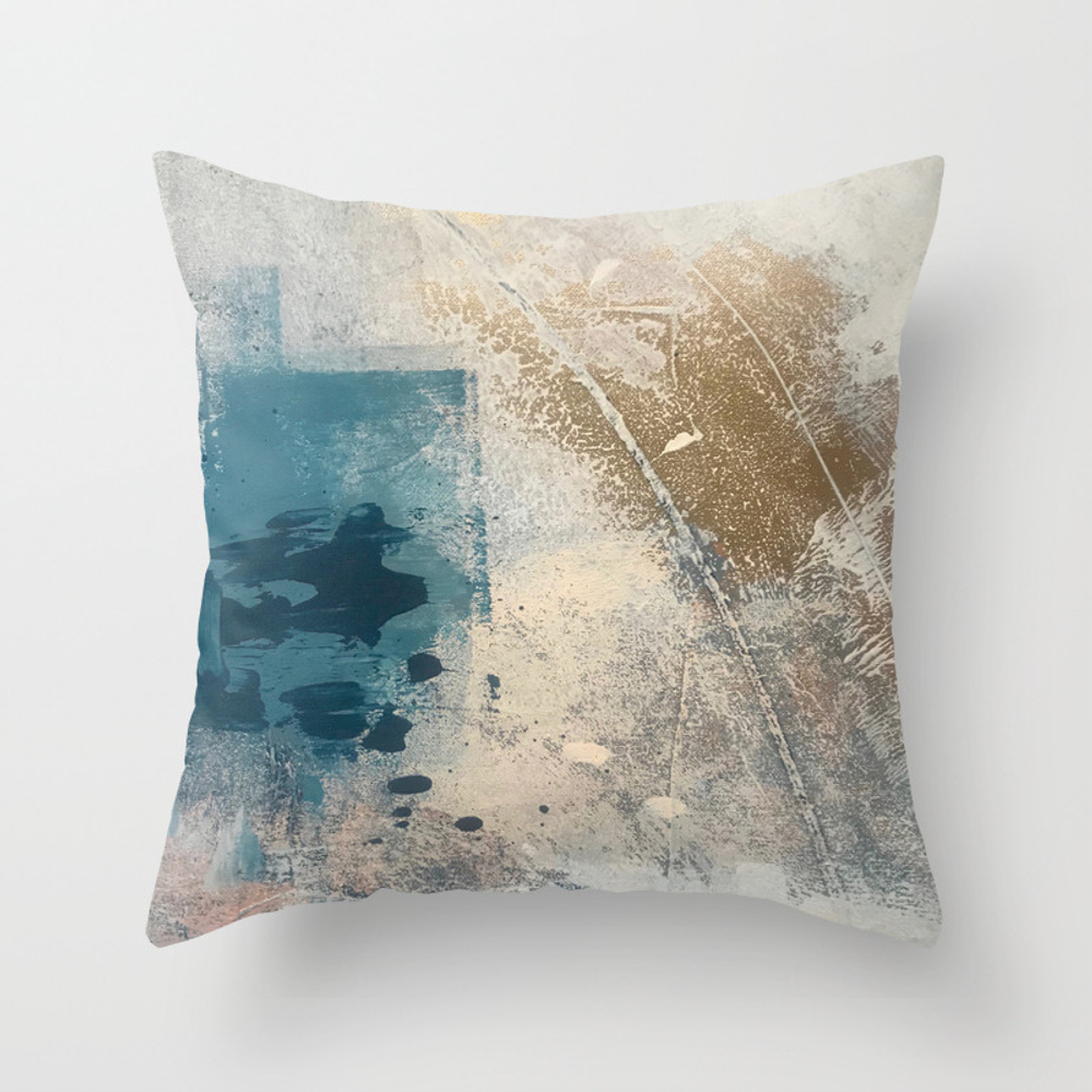 Embrace: A Minimal, Abstract Mixed-media Piece In Blues And Gold With A Hint Of Pink Throw Pillow by Alyssa Hamilton Art - Cover (18" x 18") With Pillow Insert - Indoor Pillow - Society6