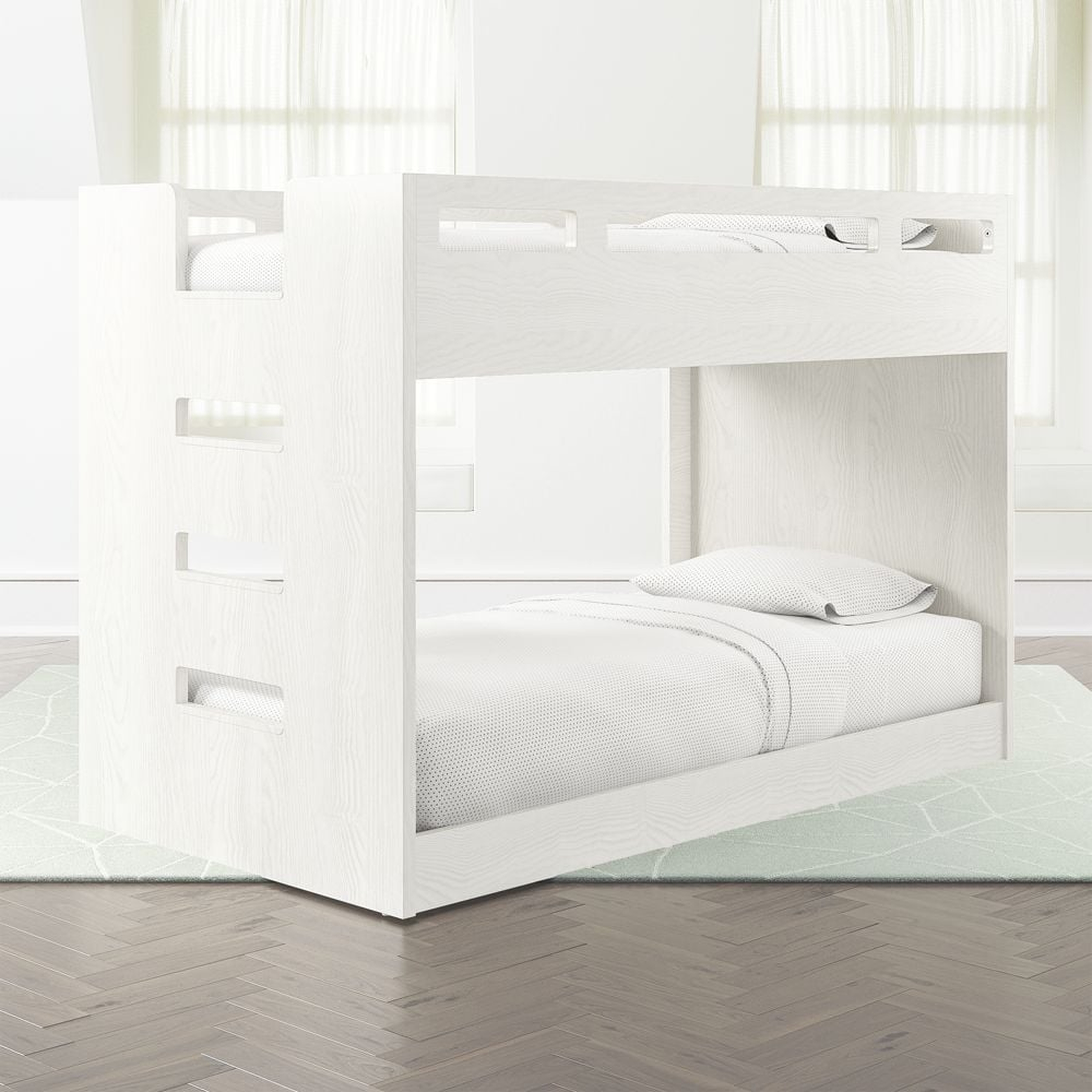 Abridged White Glaze Wood Low Kids Twin Bunk Bed with Left Ladder - Crate & Kids