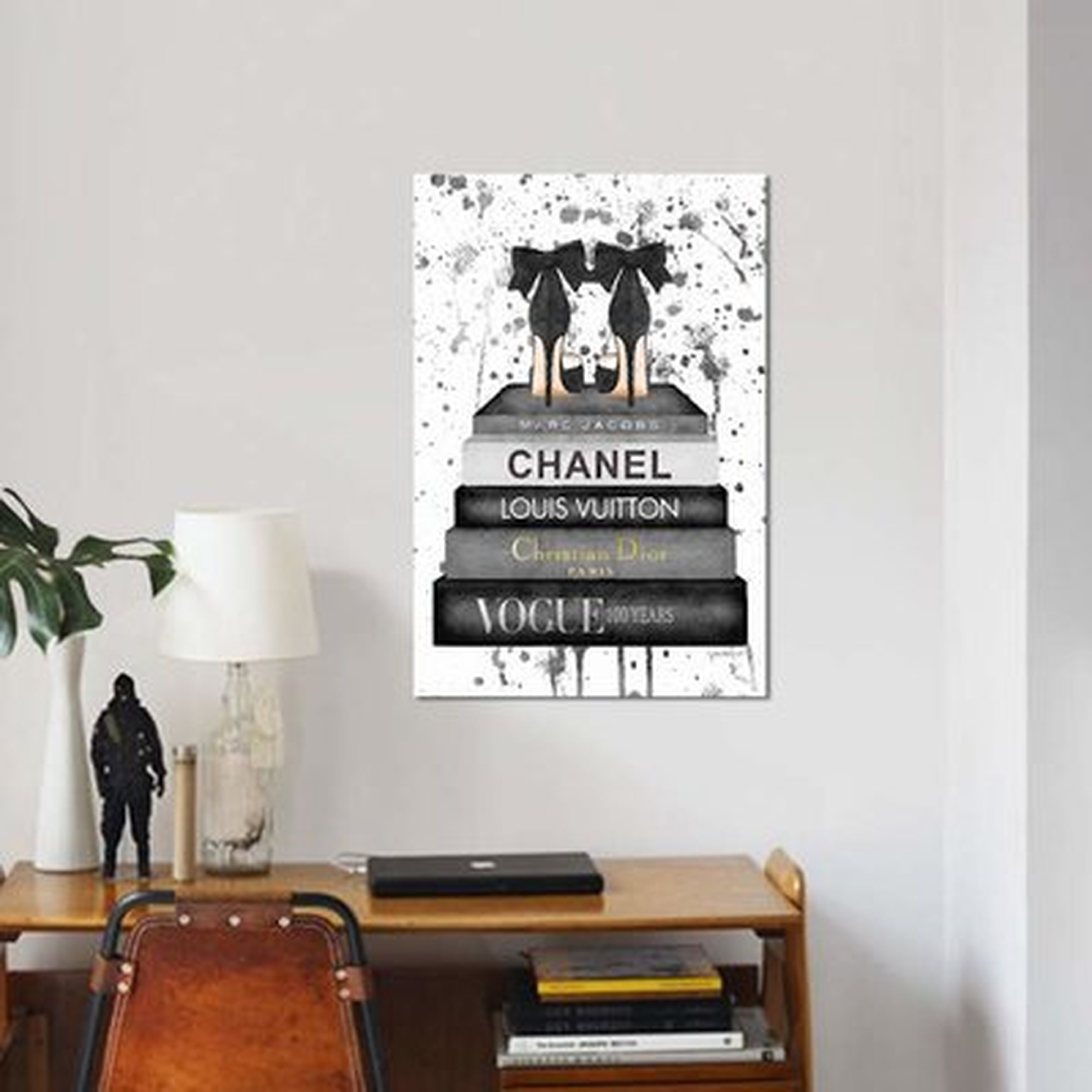 'Fashion Bookstack Gray Bow Shoes & Ink' Graphic Art Print on Canvas - Wayfair
