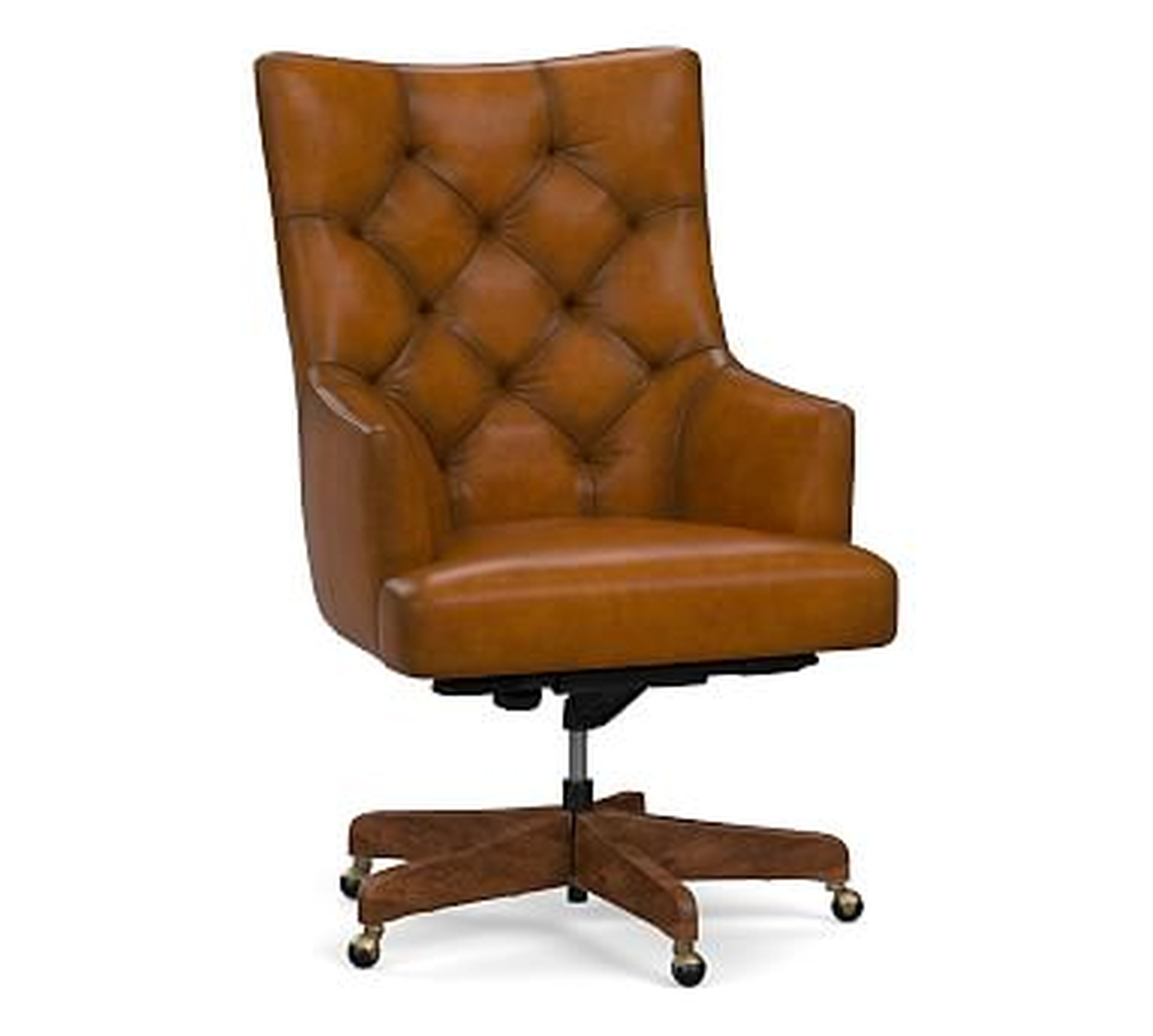 Radcliffe Tufted Leather Swivel Desk Chair, Rustic Brown Base, Burnished Bourbon - Pottery Barn