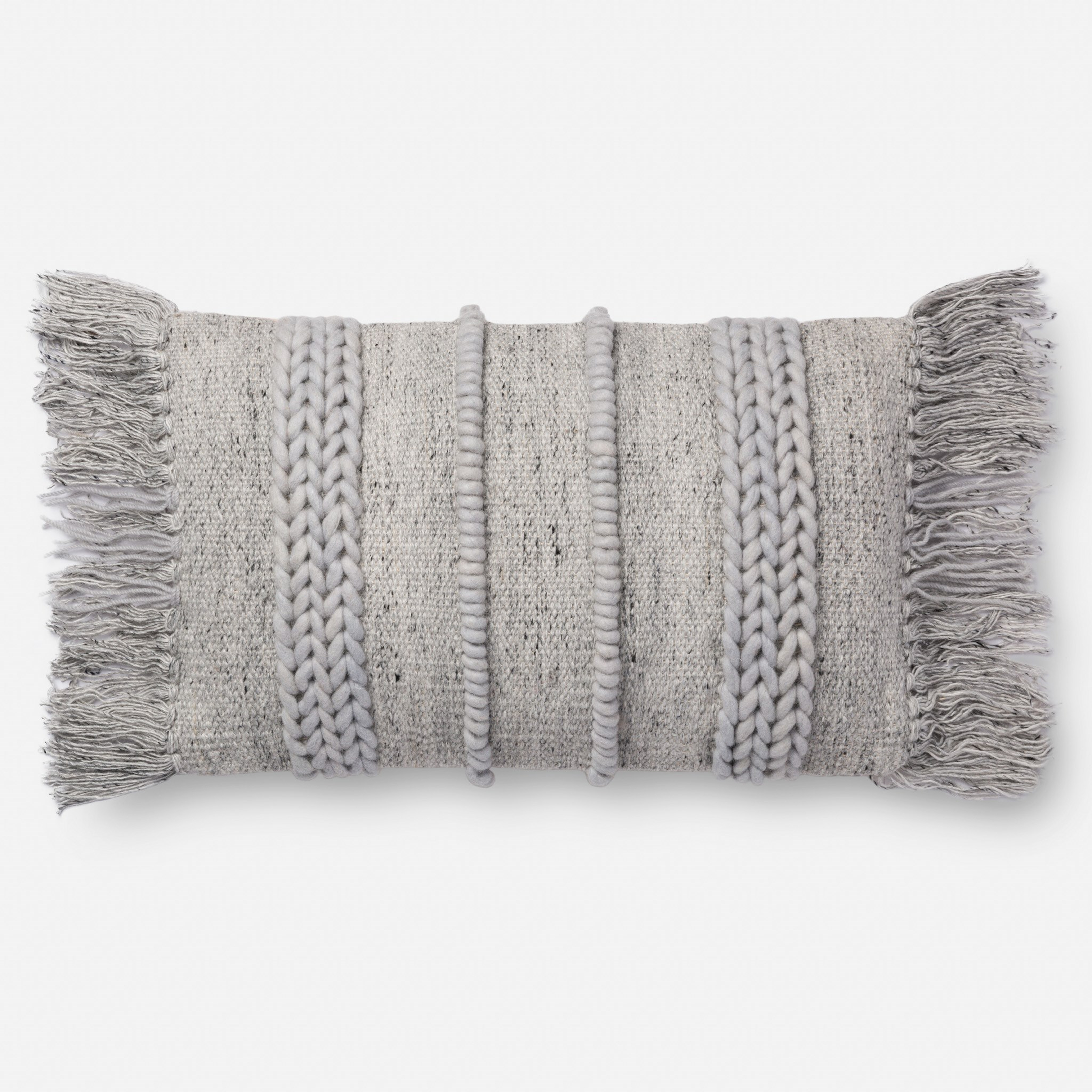 Fringe Lumbar Throw Pillow, 21" x 13", Gray - Loloi Rugs