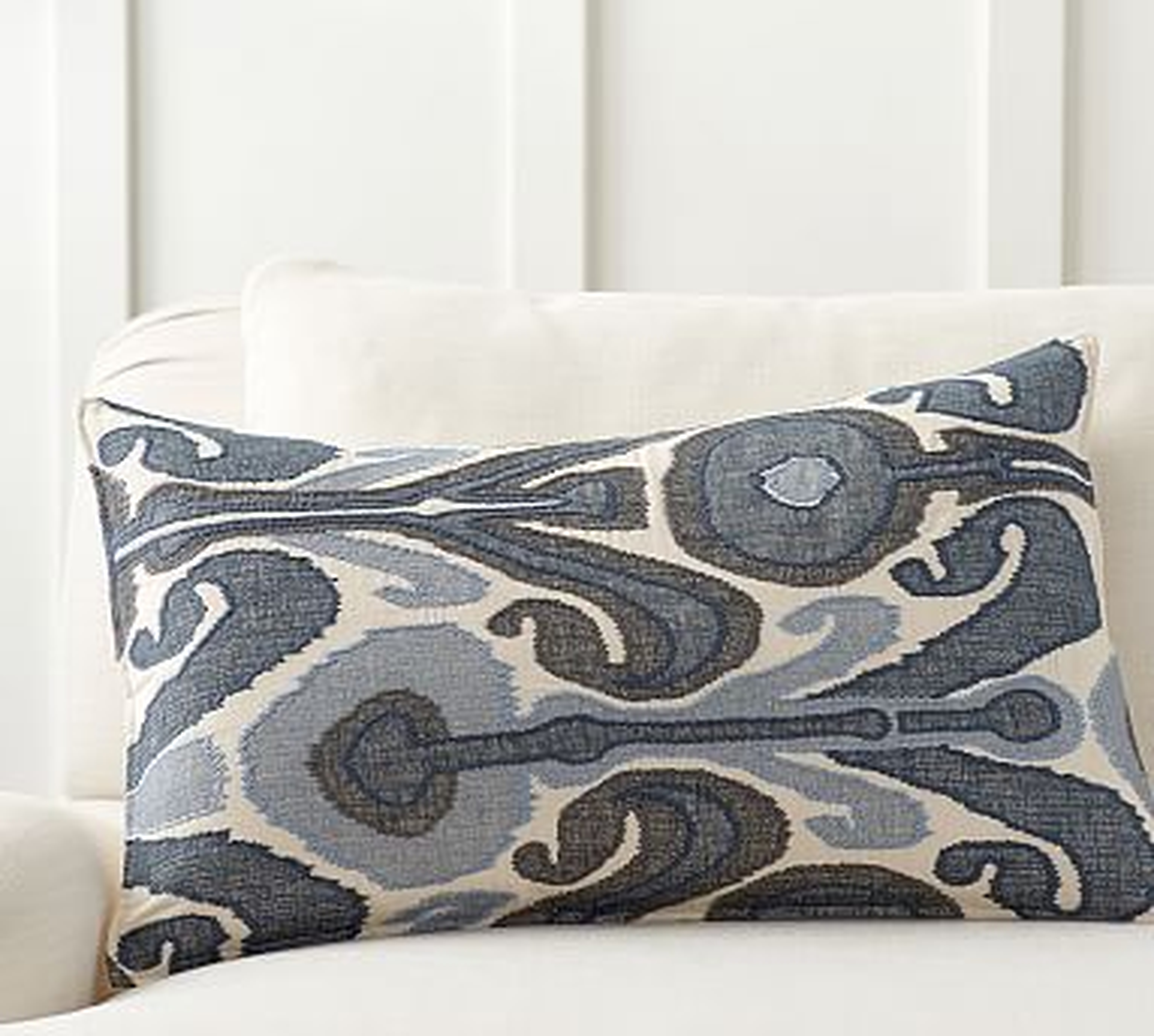 Kenmare Ikat Embroidered Lumbar Pillow Cover, 16 x 26", Blue Multi - Pottery Barn