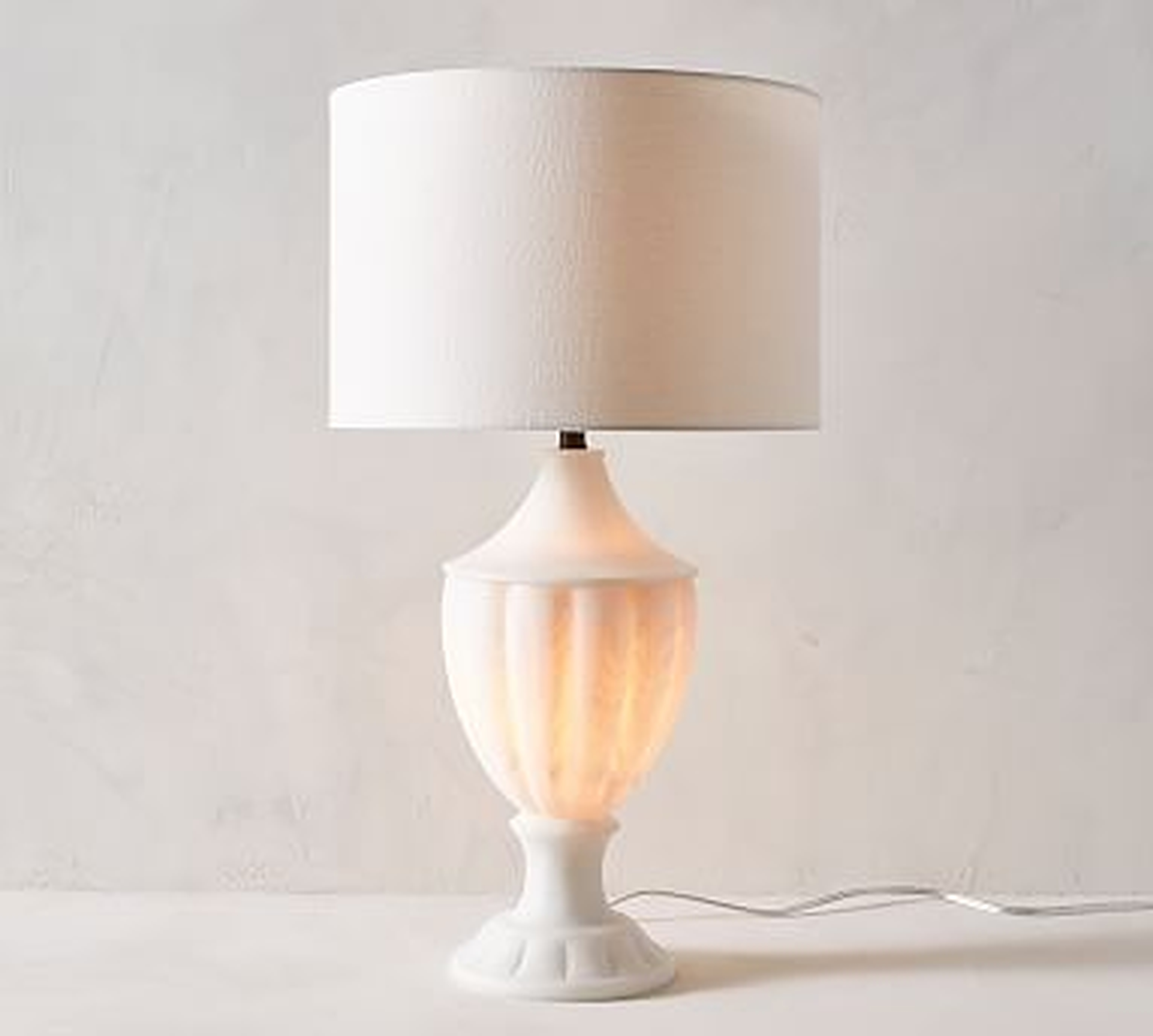 Noah Trophy Table Lamp, Faux Alabaster Base With Medium Gallery Straight Sided Linen Drum Shade, White - Pottery Barn