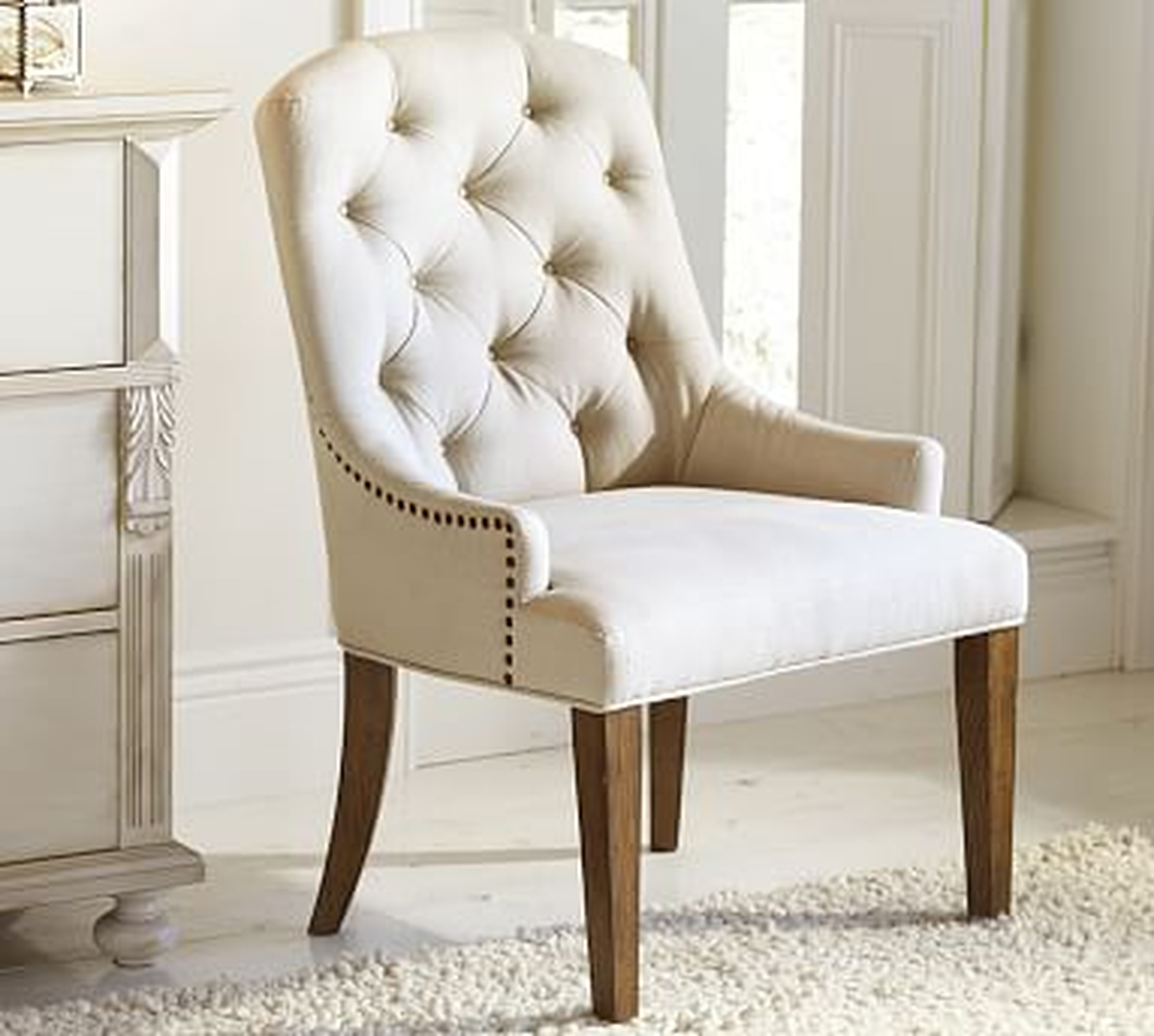 Lorraine Upholstered Tufted Chair with Natural Finish Frame, Performance Brushed Basketweave Oatmeal - Pottery Barn