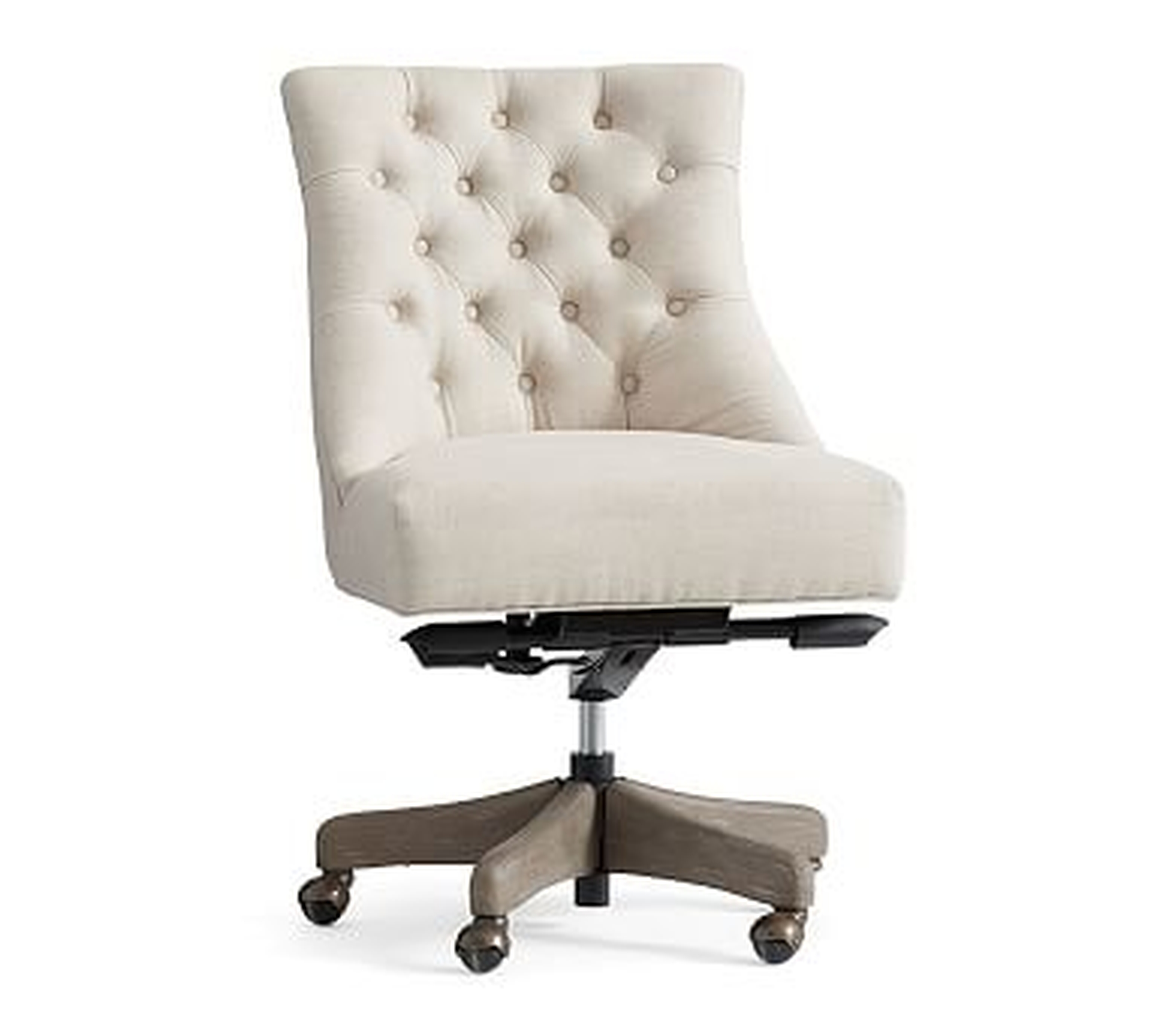 Hayes Upholstered Tufted Swivel Desk Chair with Gray Wash Frame, Performance Heathered Tweed Desert - Pottery Barn