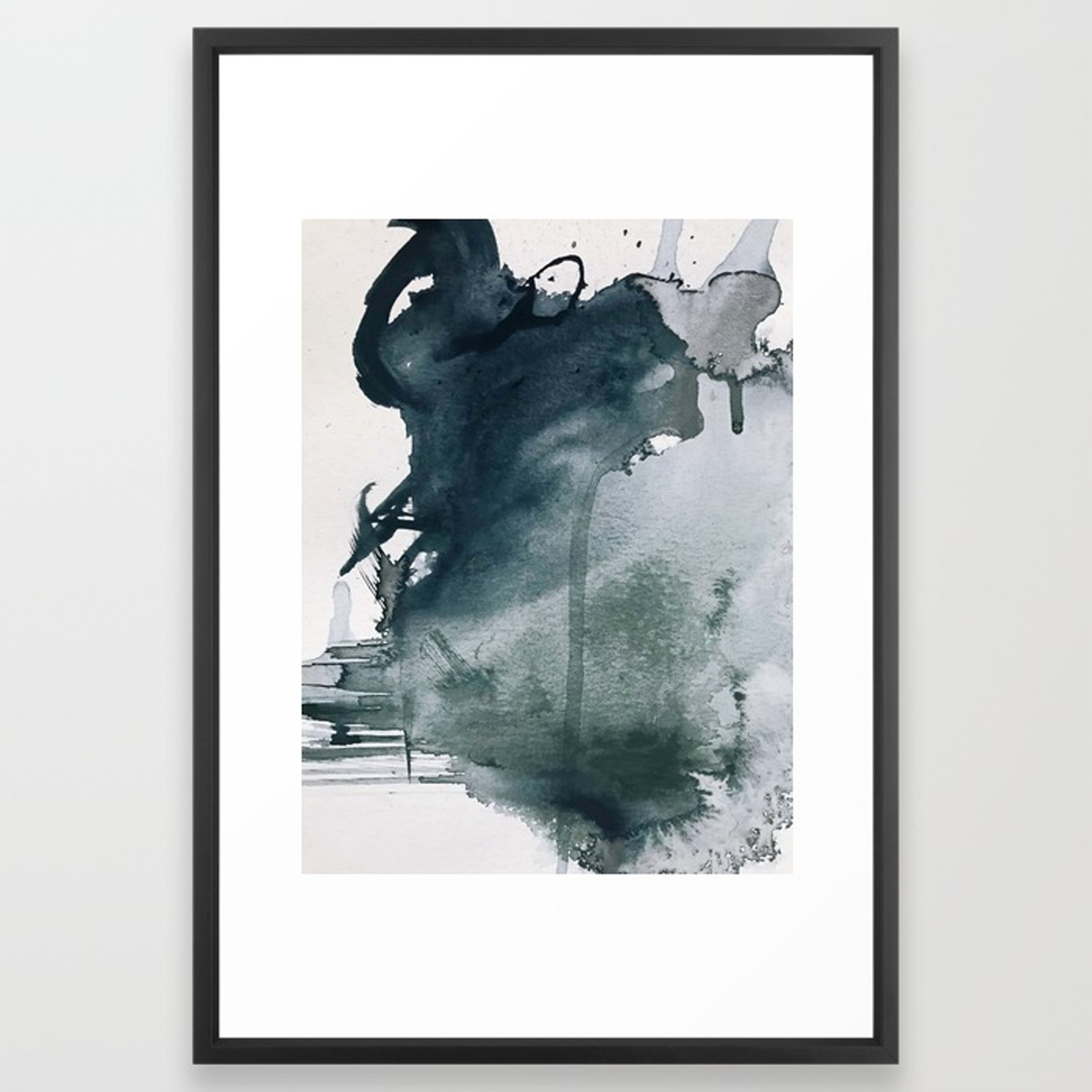 Lakeside: a minimal, abstract, watercolor and ink piece in shades of blue and green Framed Art Print by Blushingbrushstudio_FrameScoopBlack_ 26" X 38" - Society6