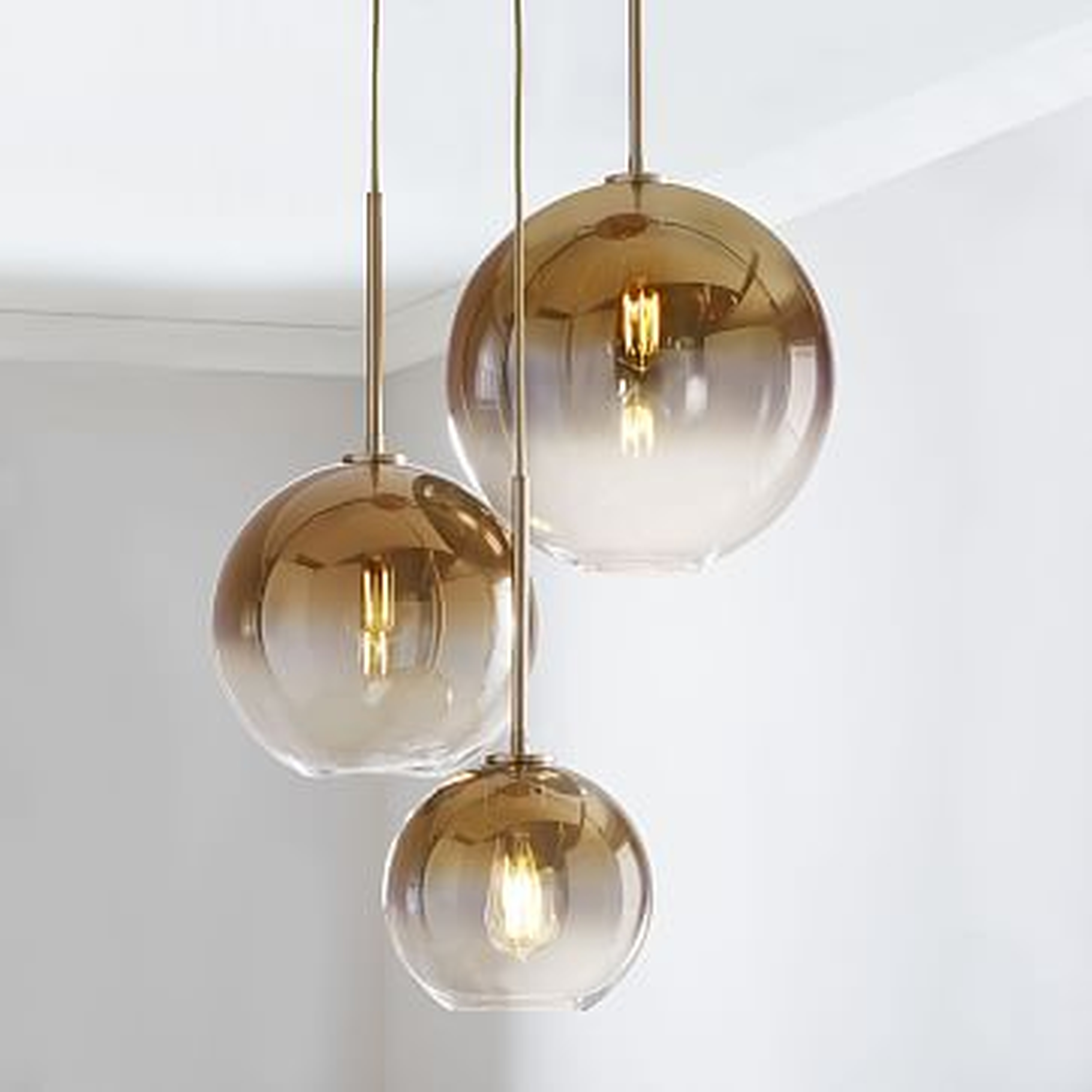 Sculptural Glass 3-Light Round Globe Chandelier, S-M-L Globe, Gold Ombre Shade, Brass Canopy (mixed sizes) - West Elm