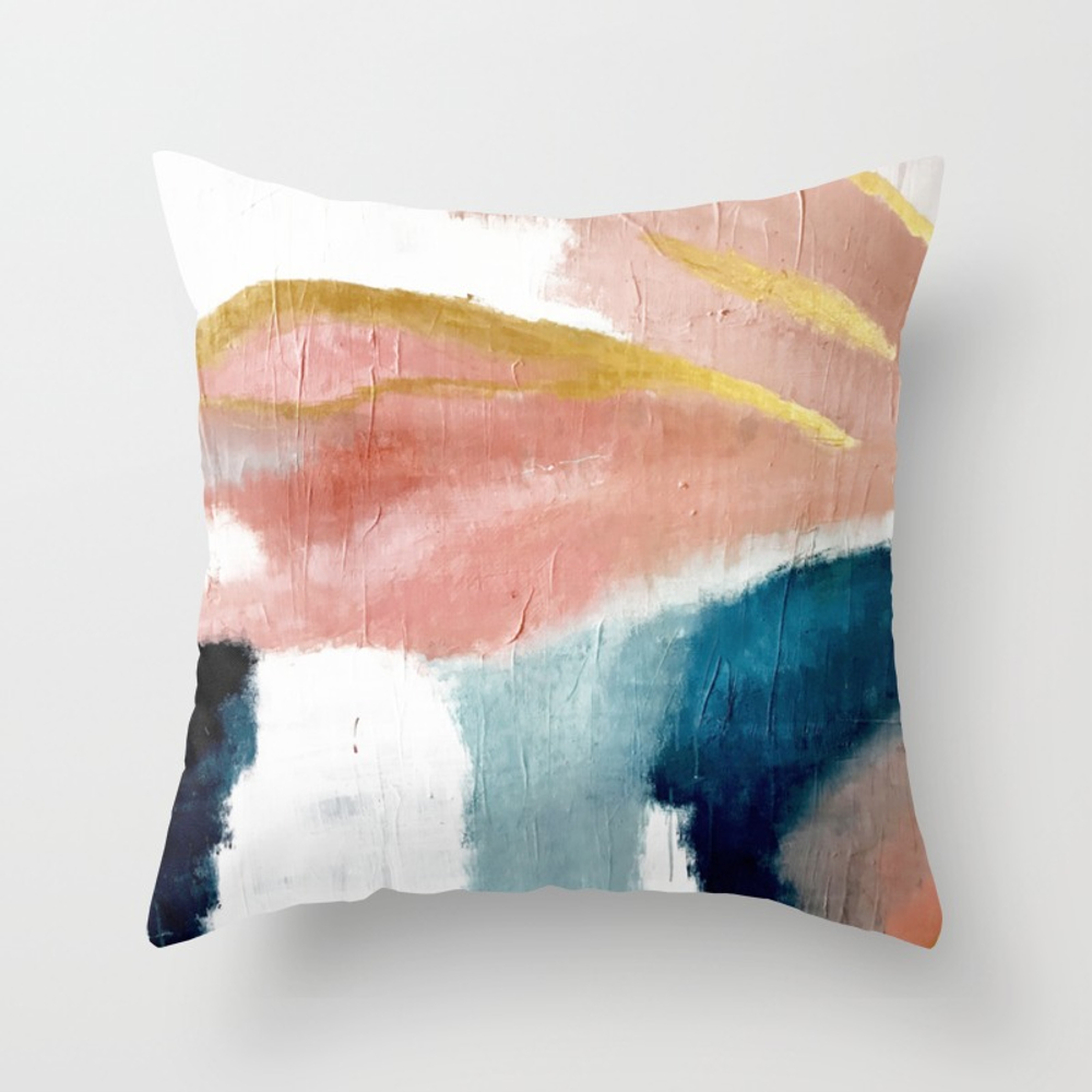 Exhale: a pretty, minimal, acrylic piece in pinks, blues, and gold Throw Pillow - Outdoor Cover (18" x 18") with pillow insert by Blushingbrushstudio - Society6