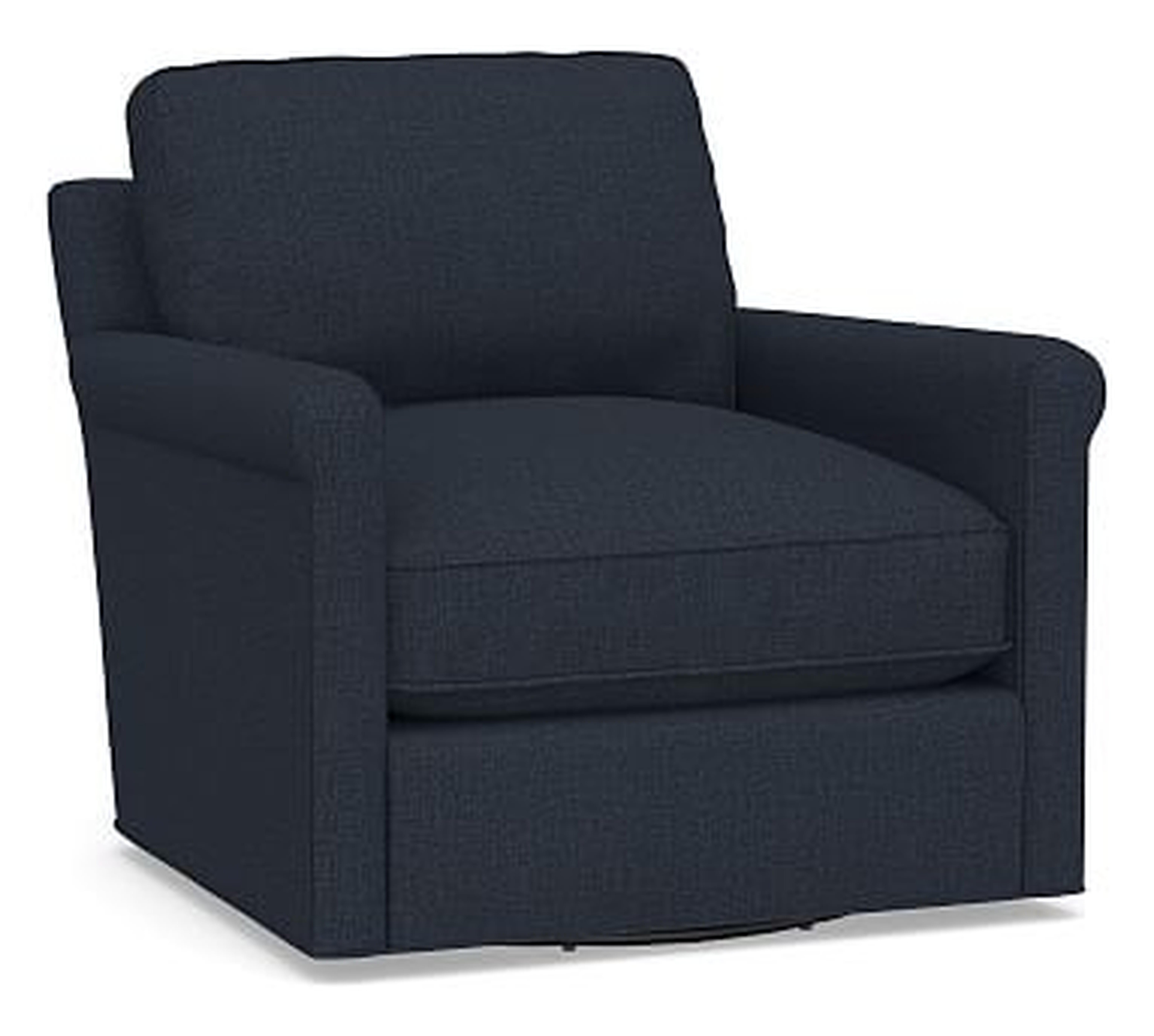 Tyler Roll Arm Upholstered Swivel Armchair without Nailheads, Polyester Wrapped Cushions, Performance Brushed Basketweave Indigo - Pottery Barn