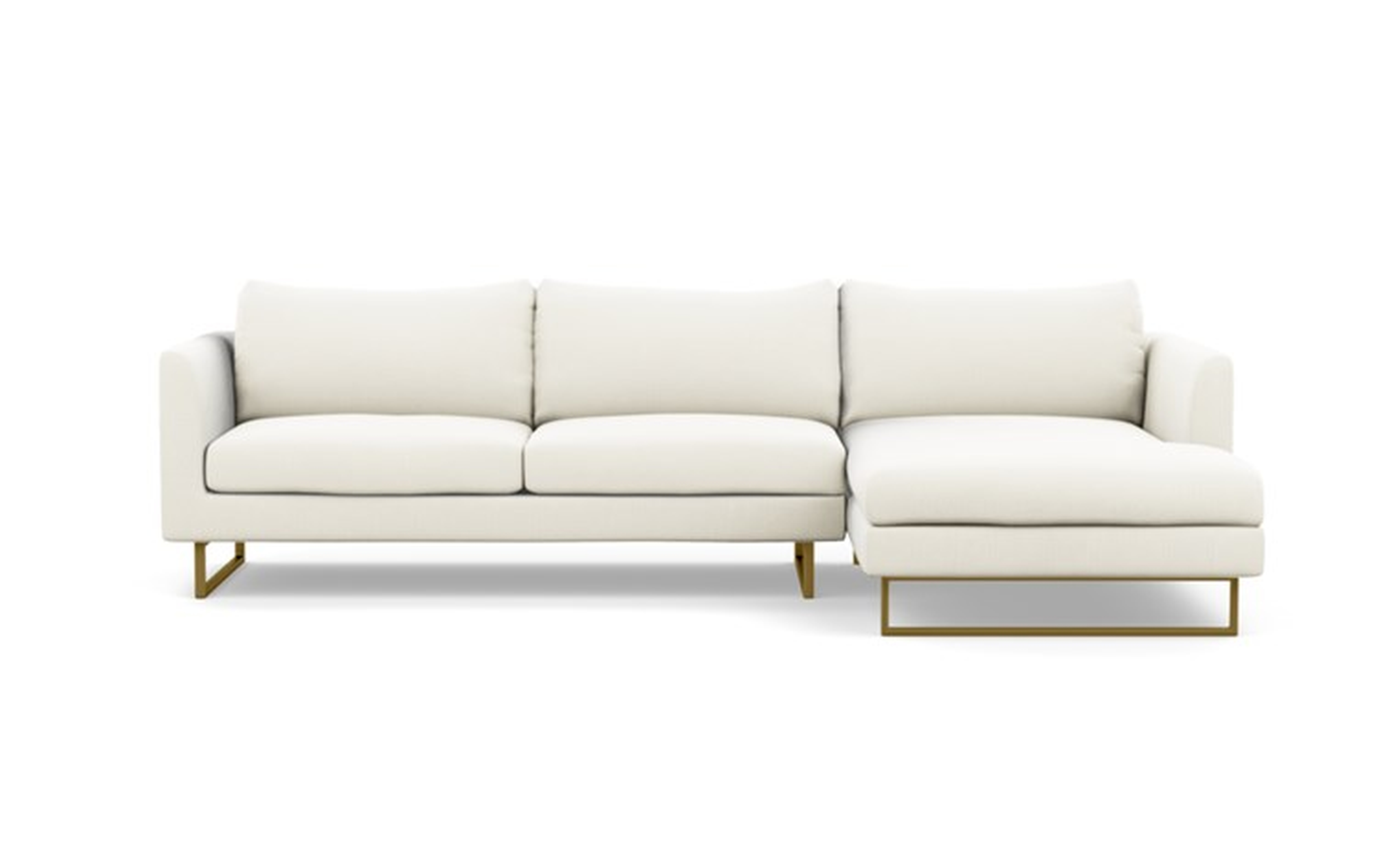 Owens Right Sectional with White Ivory Fabric, down alt. cushions, extended chaise, and Matte Brass legs - Interior Define