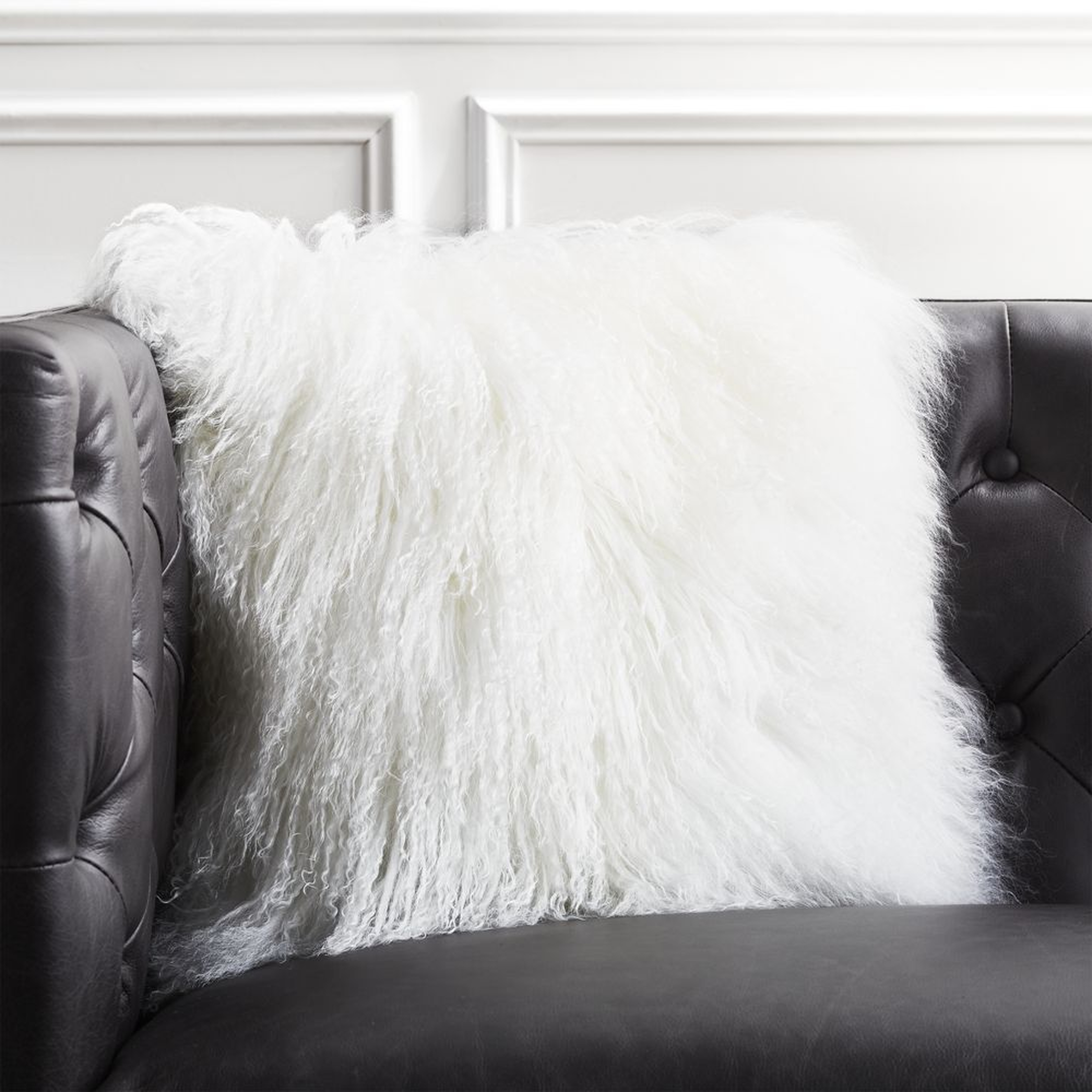 16" Mongolian Sheepskin White Fur Pillow with Down-Alternative Insert - CB2