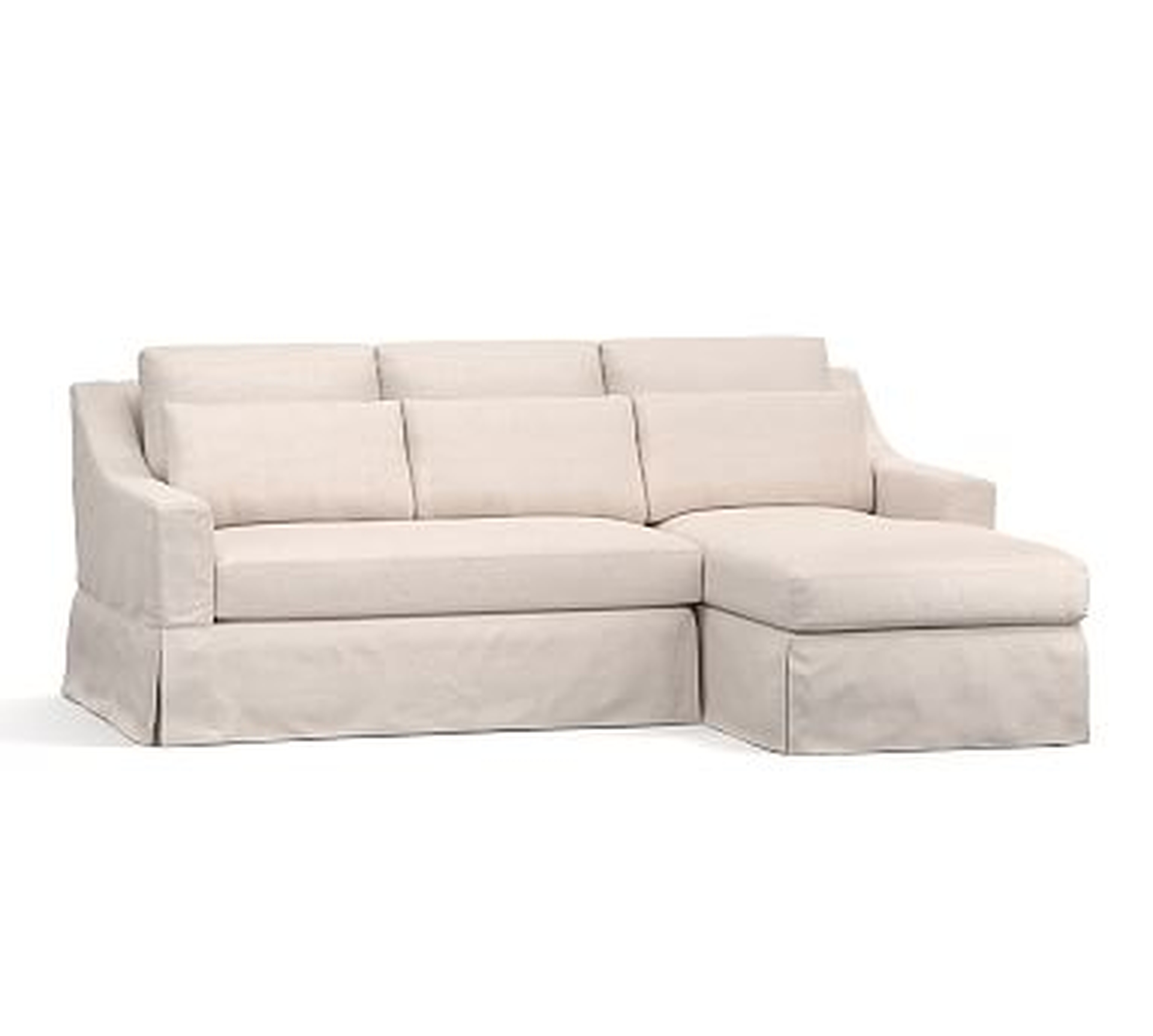 York Slope Arm Slipcovered Deep Seat Left Arm Loveseat with Chaise Sectional with Bench Cushion, Down Blend Wrapped Cushions, Performance Slub Cotton White - Pottery Barn