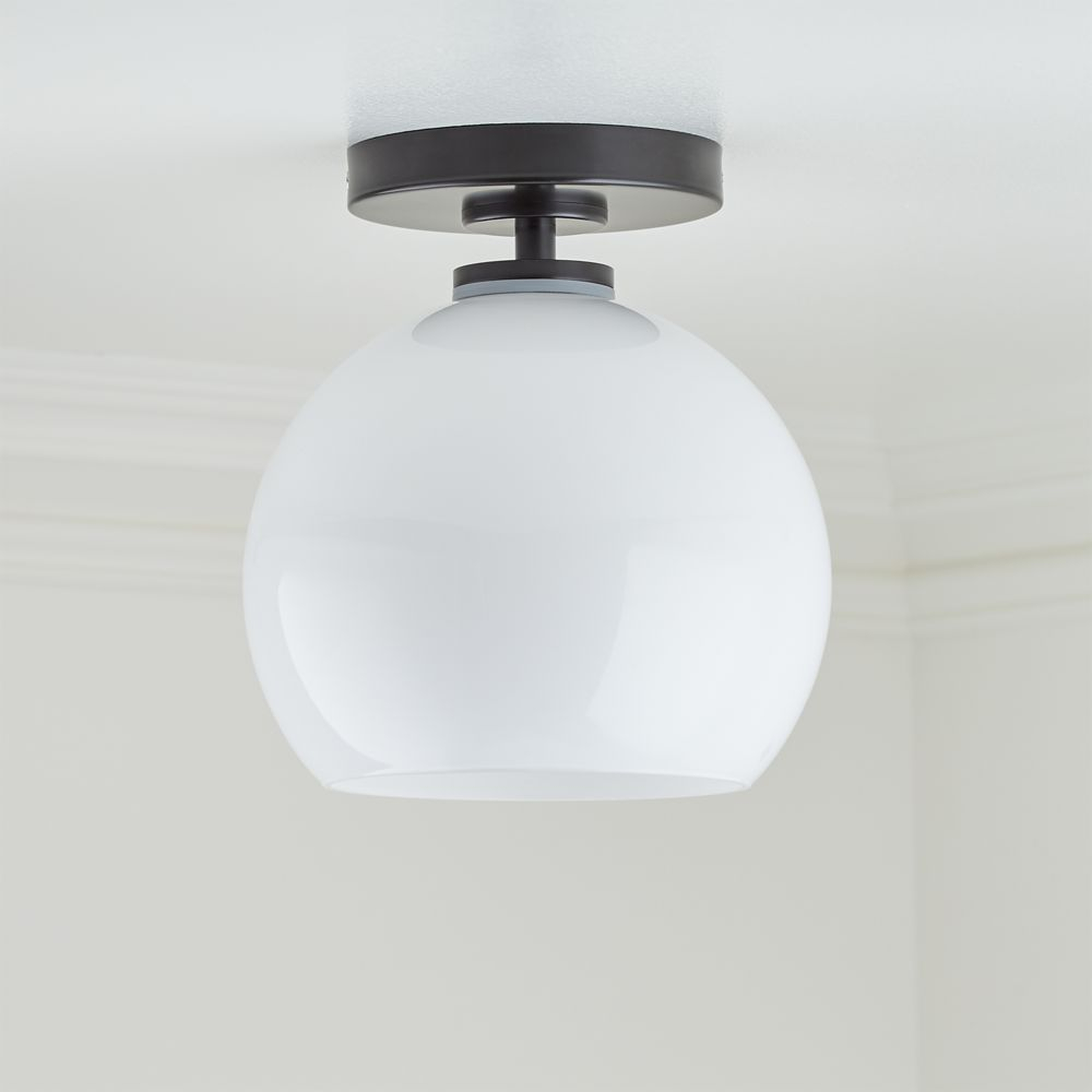 Arren Black Flush Mount Light with Milk Round Shade - Crate and Barrel