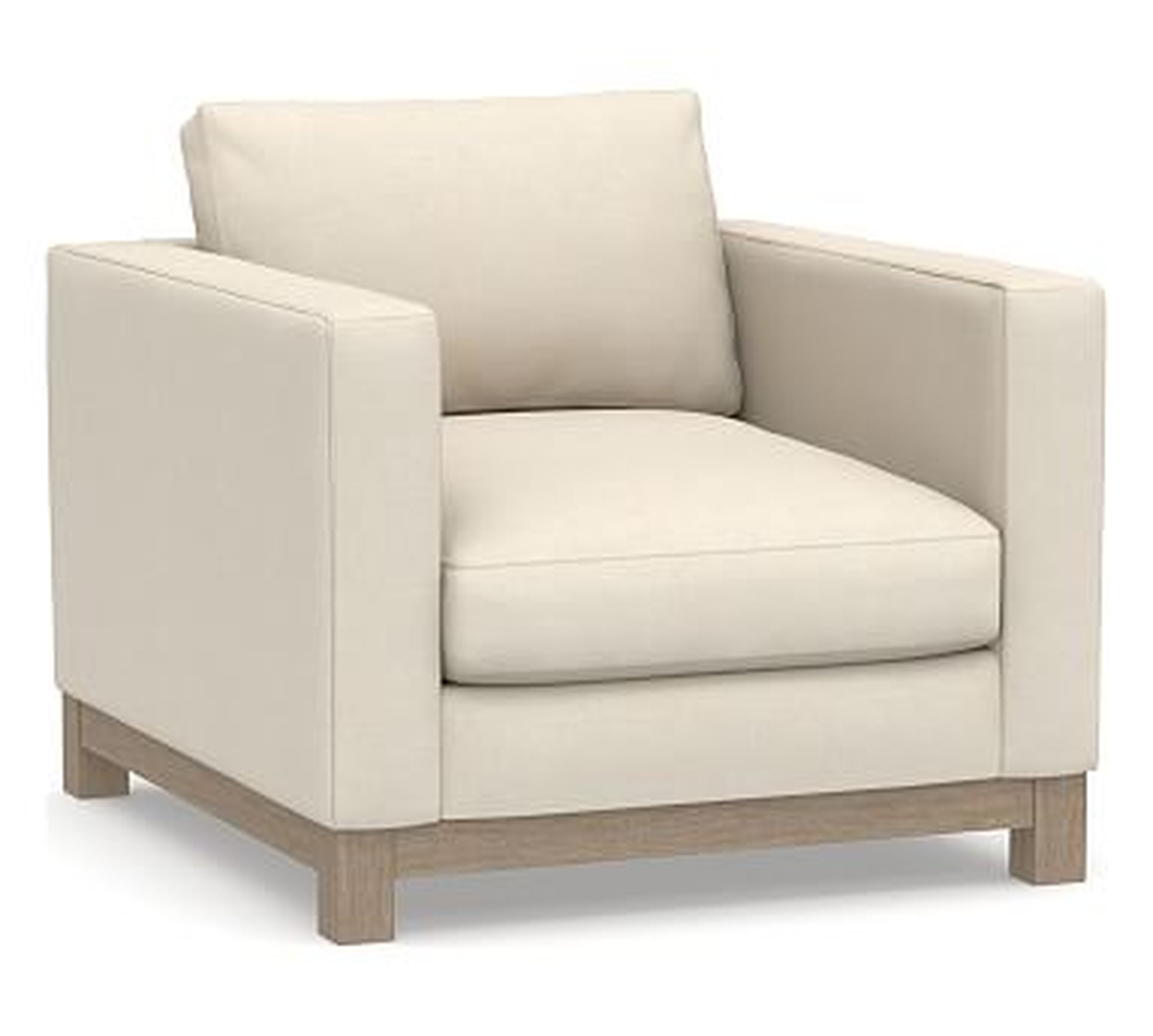 Jake Upholstered Armchair with Wood Legs, Polyester Wrapped Cushions, Sunbrella(R) Performance Sahara Weave Ivory - Pottery Barn