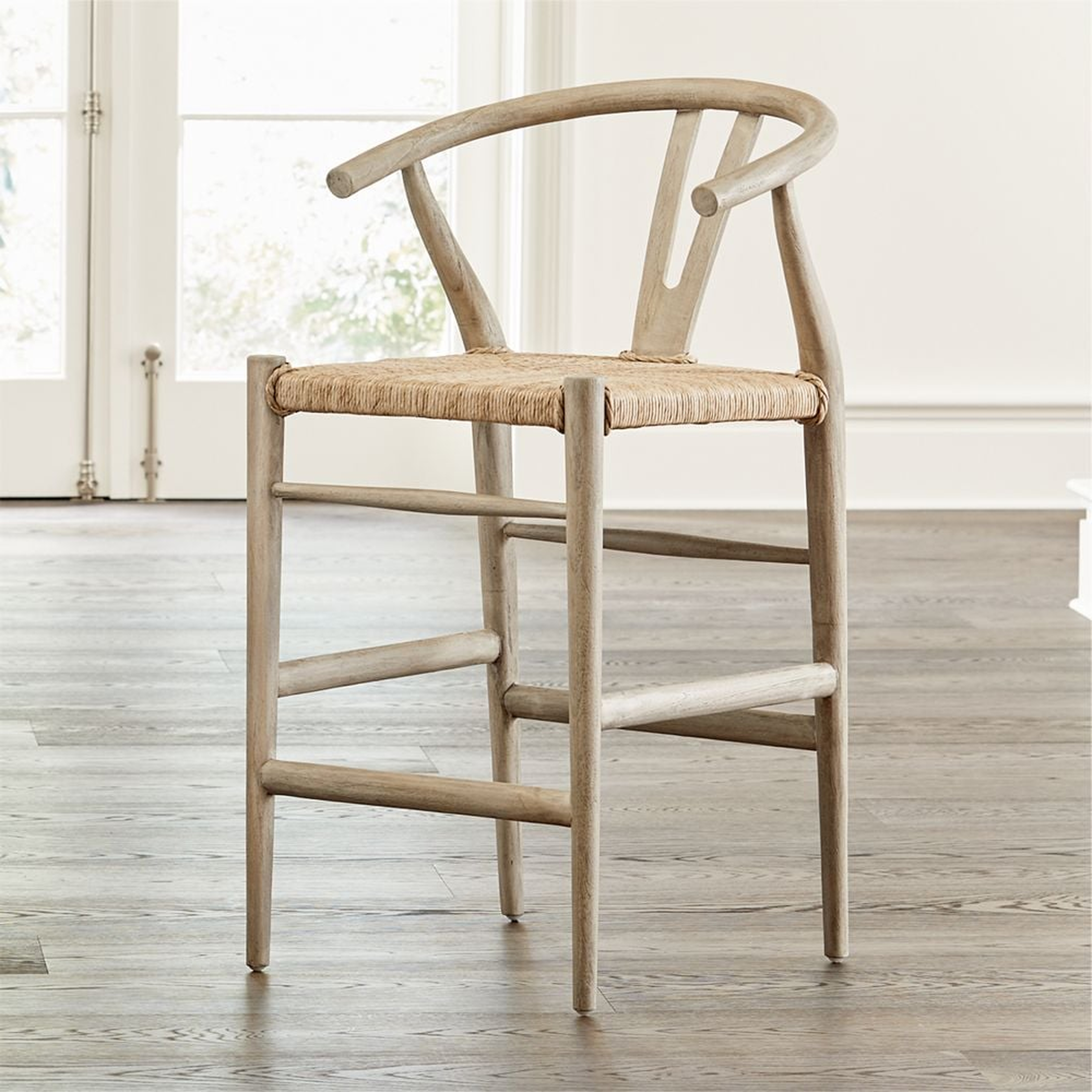 Crescent Weathered Grey Wood Wishbone Counter Stool - Crate and Barrel