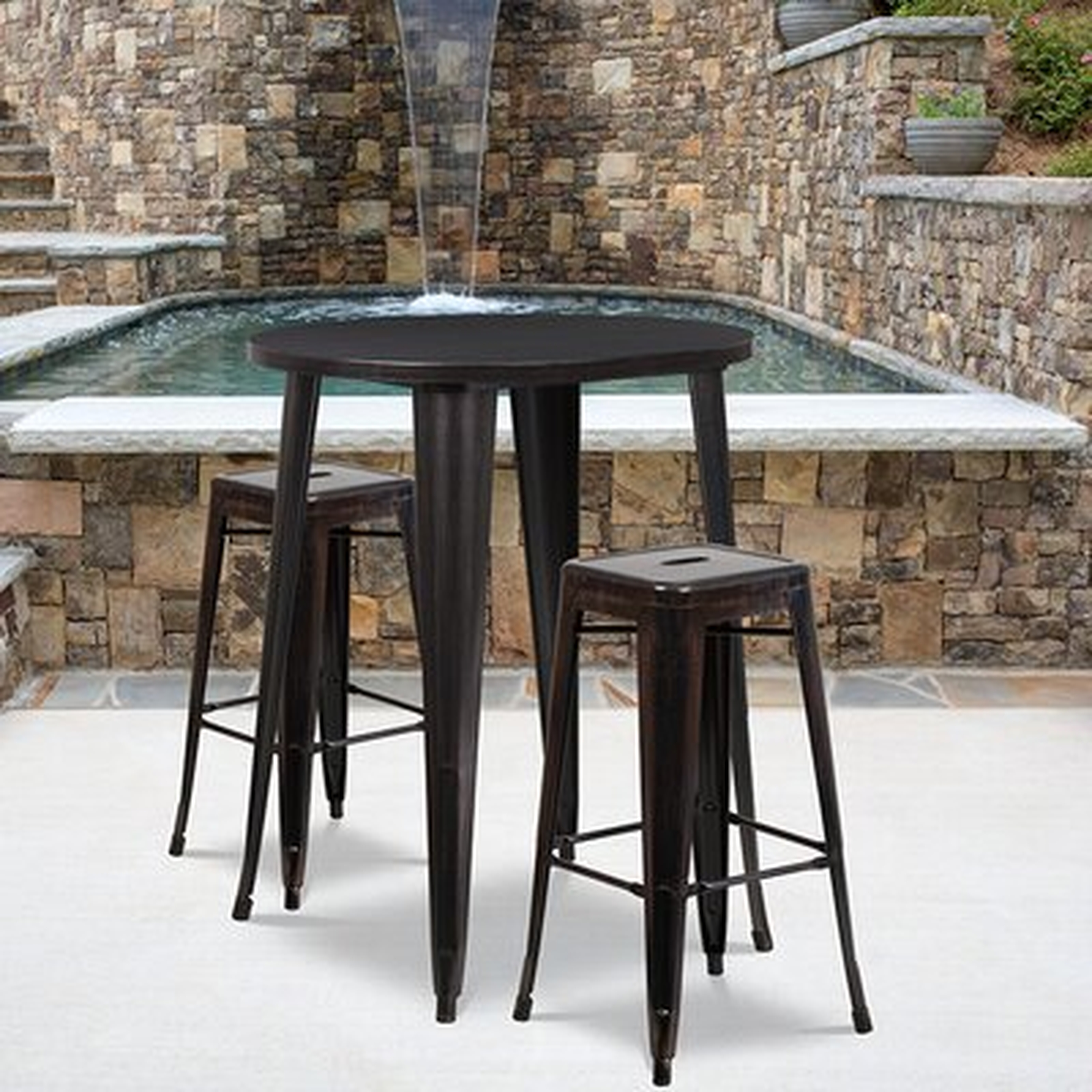 Williston Forge Round Black-Antique Gold Metal Indoor-Outdoor Bar Table Set With 2 Square Seat Backless Stools - Wayfair