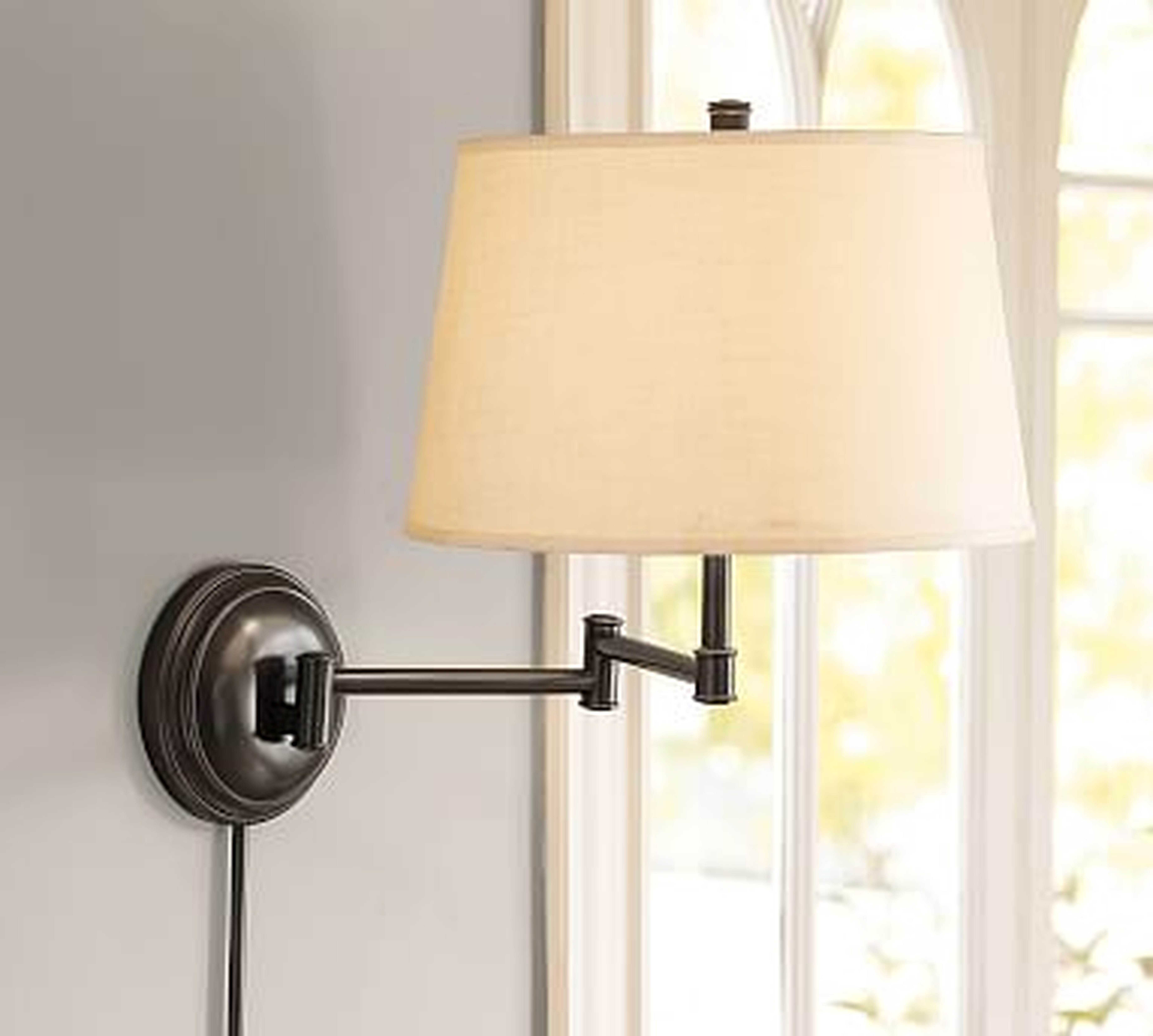 Chelsea Swing-Arm Sconce, Bronze Base &amp; Small Tapered Gallery shade, White - Pottery Barn