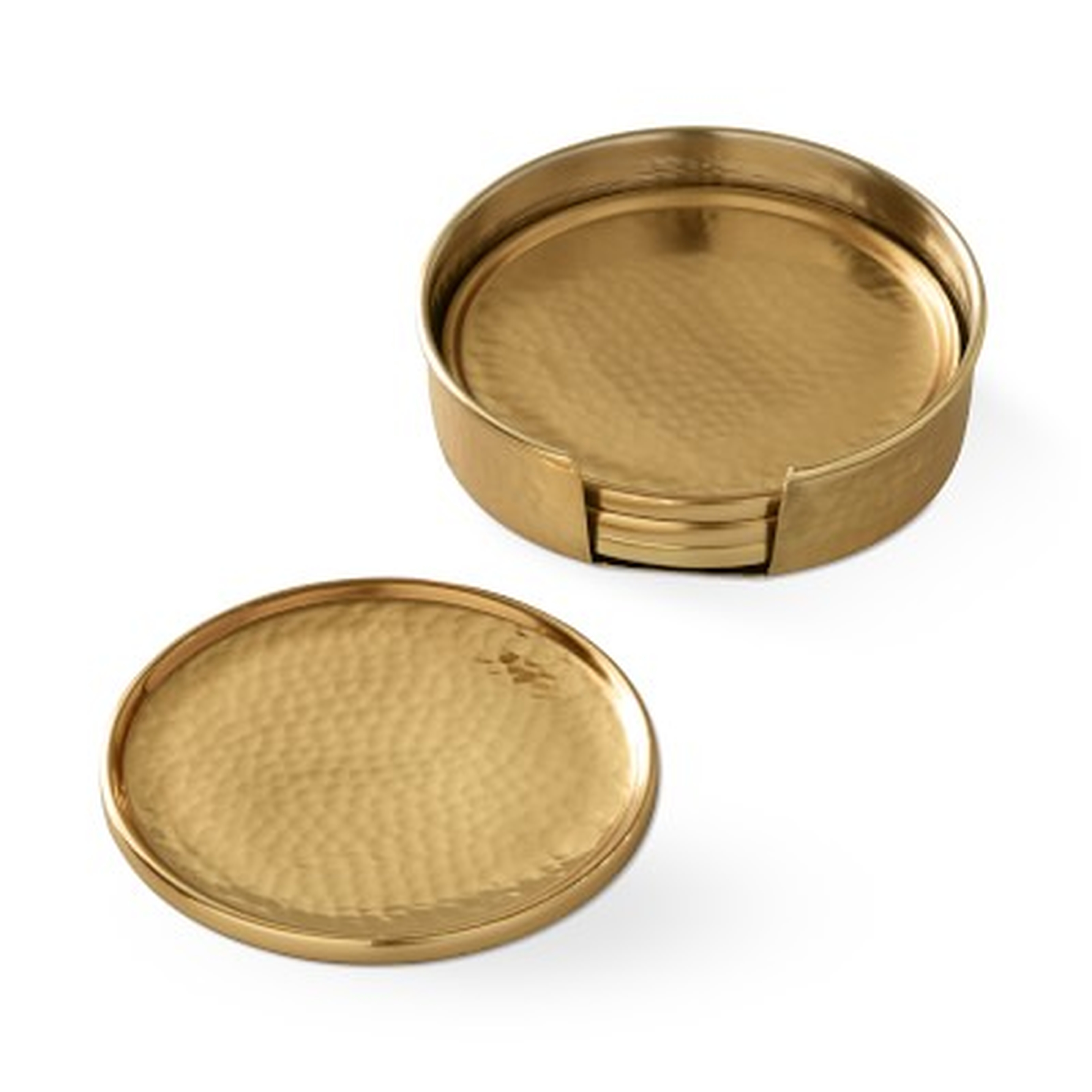 Antique Brass Hammered Coasters with Holder, Set of 4 - Williams Sonoma