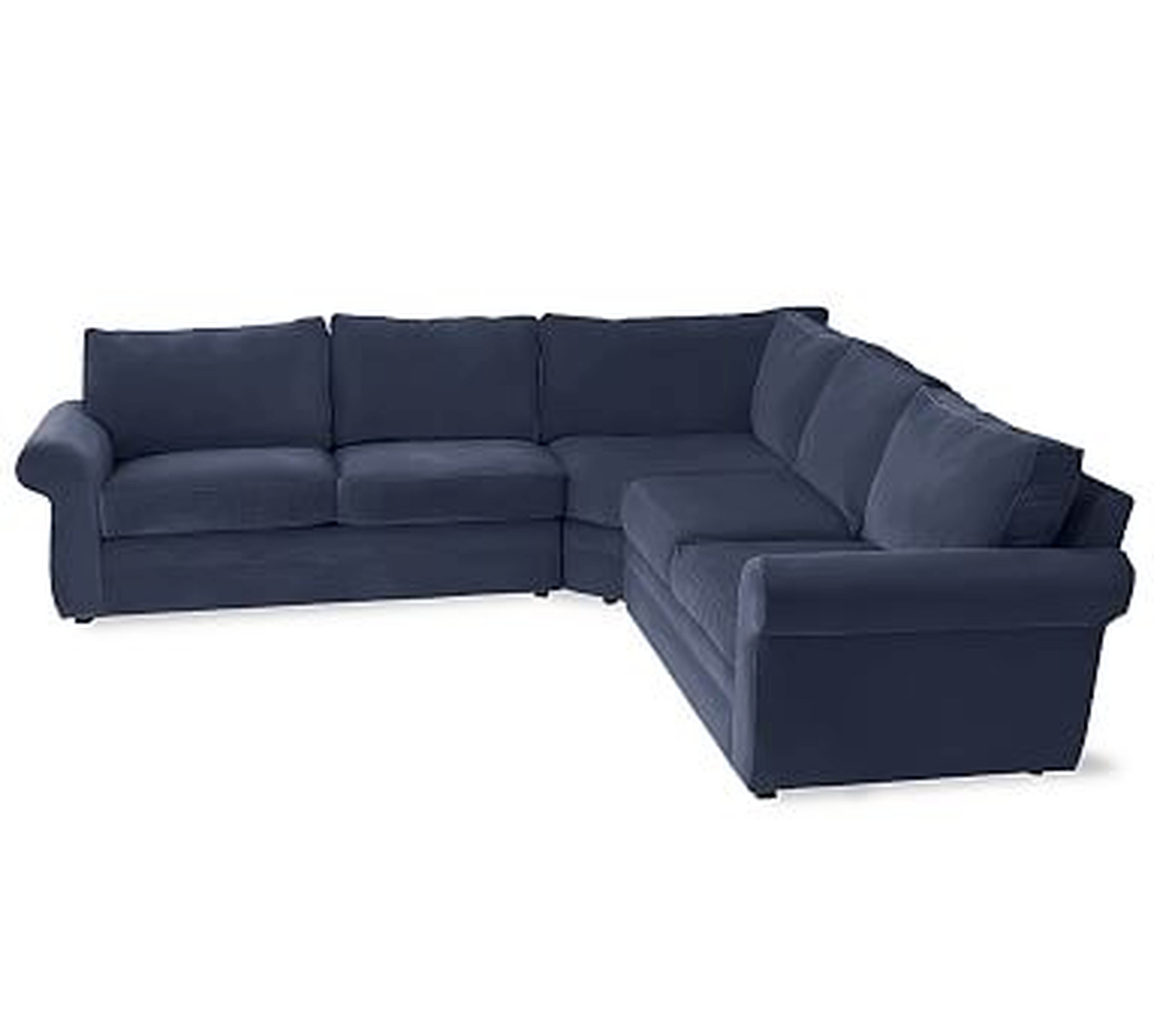 Pearce Roll Arm Upholstered 3-Piece L-Shaped Wedge Sectional, Down Blend Wrapped Cushions, Twill Cadet Navy - Pottery Barn