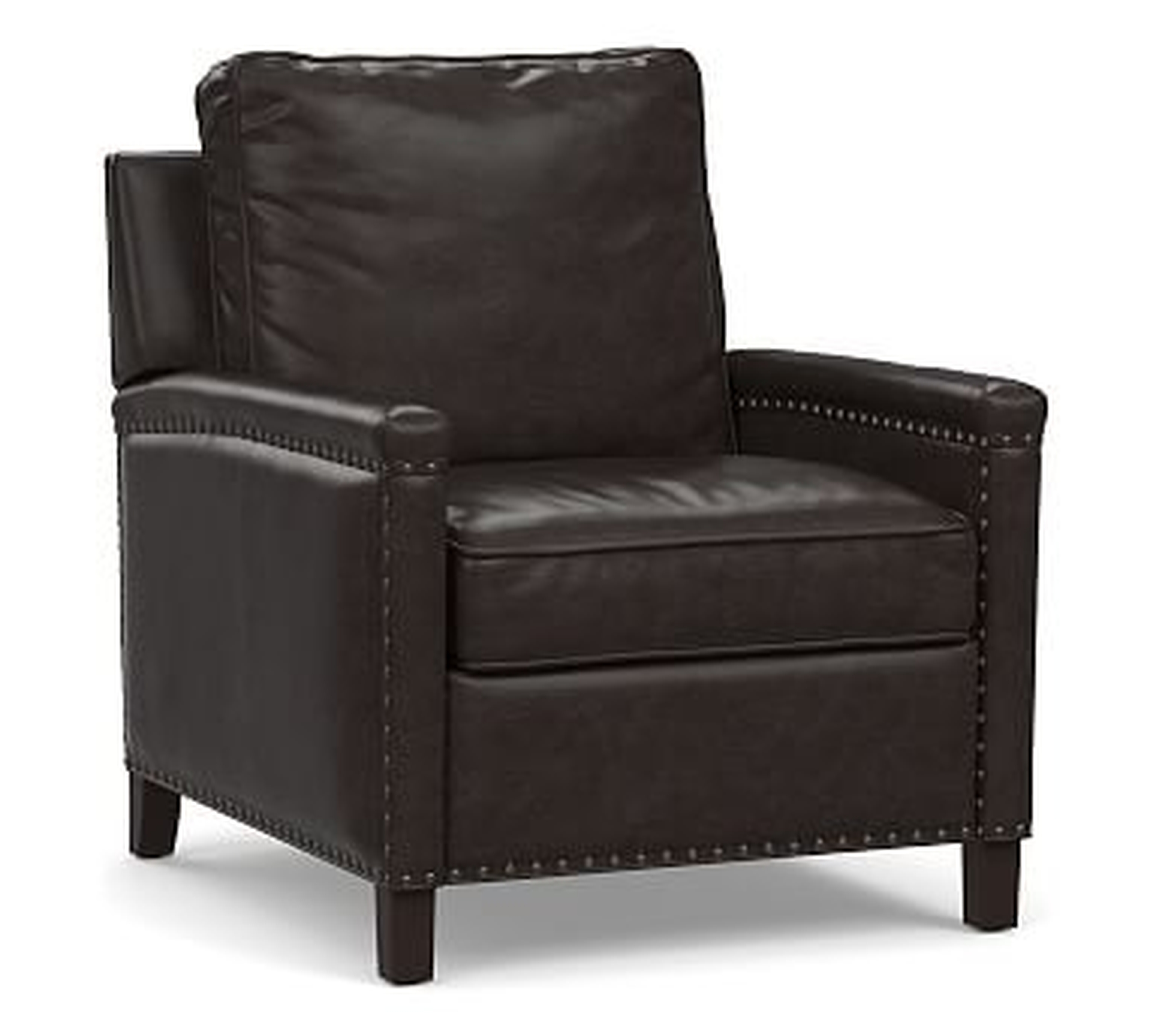 Tyler Square Arm Leather Power Recliner with Nailheads, Down Blend Wrapped Cushions, Vintage Midnight - Pottery Barn